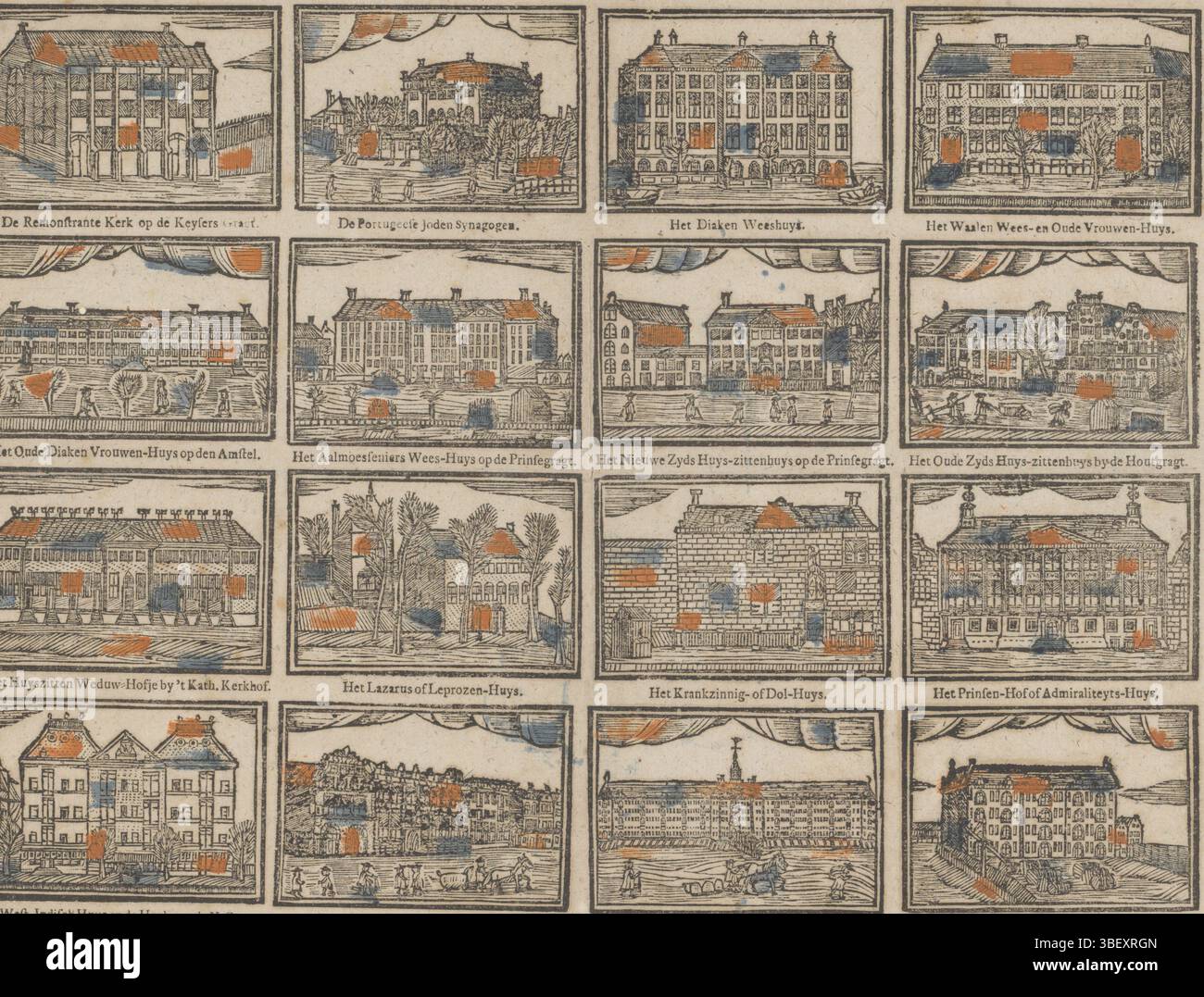 Paesi Bassi, Amsterdam, Ratelband e J. Bouwer, J., qui avete rifatto splendidi edifici, nella 't rinomata Amsterdam, per mantenere orfana, e la mercantile è anche custodita, Paesi Bassi, stampato verso, Foglio con 16 rappresentazioni di importanti edifici di Amsterdam: Wee House, ospedali e case commerciali. Sotto ogni immagine una didascalia. Numerato in alto a destra: 48., stampa, stampa folk, stampe, stampe folk, altezza 398 mm, larghezza 404 mm, pubblicazione (evento), pubblicazione, editore, 1760 - 1767, carta, xilografica, colori, stampa letterpress, bookprint, macchina per la stampa, macchina per la stampa Foto Stock