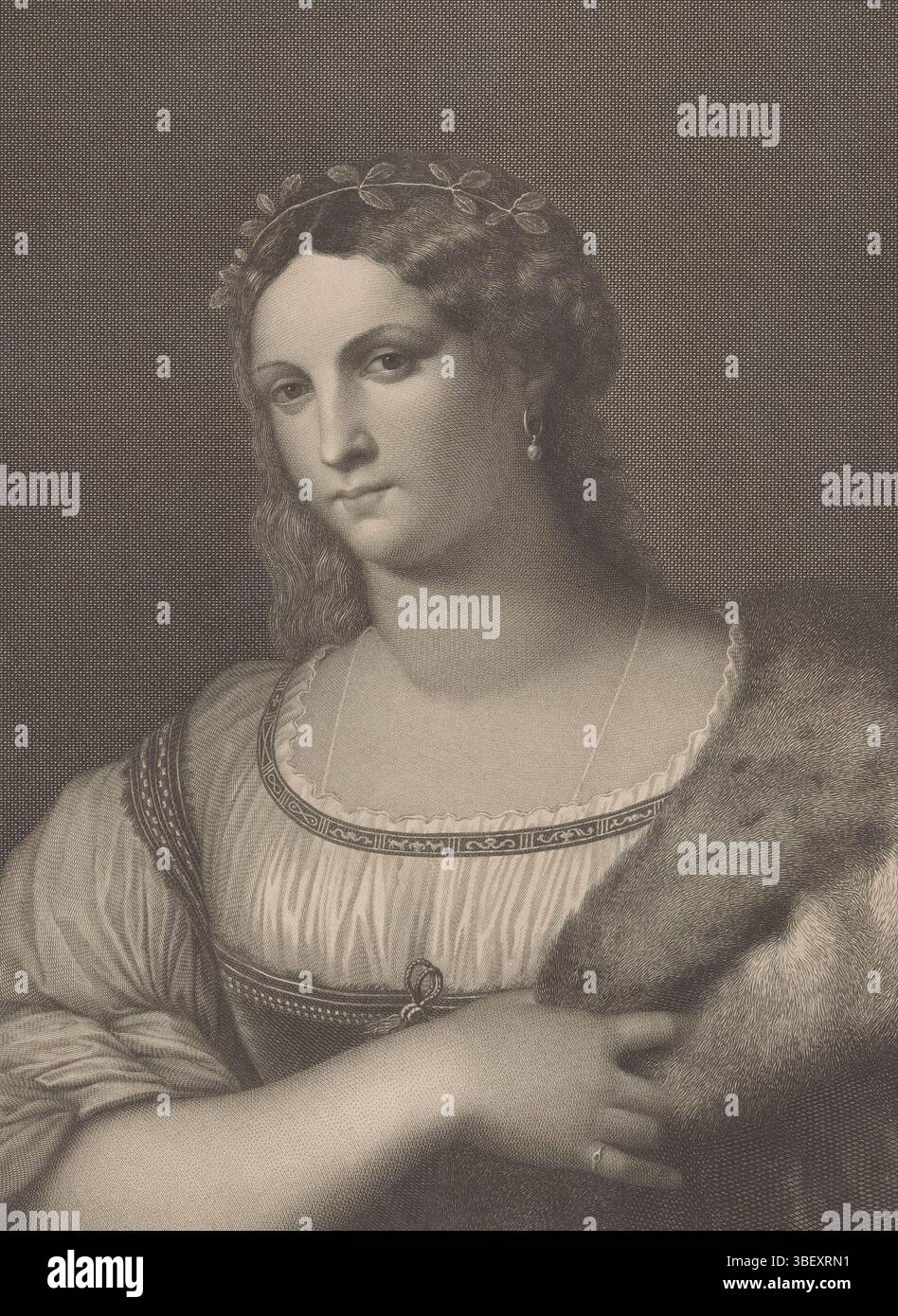 Italia, Bardi, Aloysius, Italia, Raffaello, piombo, Sebastiano del, Ermini, Pietro, Firenze, Morghen, Raphaelis Amicitia Celeberrima la Fornarina, Ritratto di donna con pelliccia, sotto - cieca, stampa, verso - stampato, altezza 345 mm, larghezza 242 mm, italiano, 1758-06-19 - 1833-04-08, stamperia, 1768 - 1833, carta, incisione, incisione (processo di stampa), incisione, disegnatore, 1485 - 1547-0-21, dopo, alla pittura, 1483-04-07 - 1520-07, dopo la pittura, pubblicazione (evento), pubblicazione, pubblicazione, editore Foto Stock