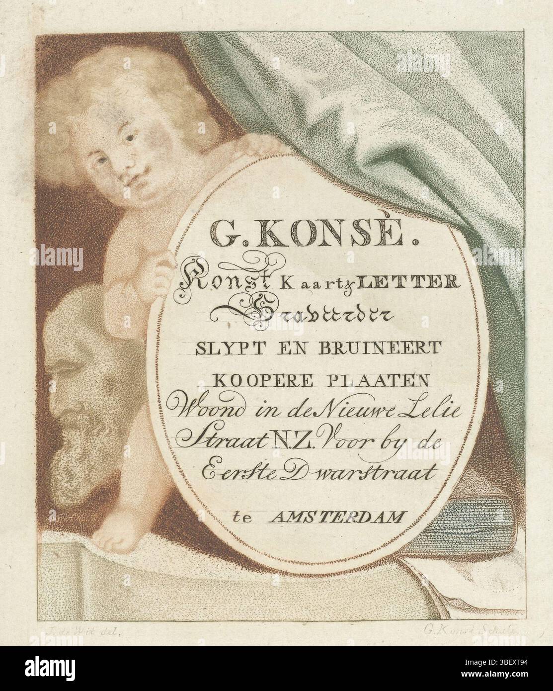 Paesi Bassi, Konsé, Gerrit, Visiting Card di Gerrit Konsé, Paesi Bassi, verso - timbrato, Visiting Card dell'incisore Gerrit Konsé. Un putto reca il segno ovale con il testo pubblicitario: Stampa, biglietto da visita, stampe, altezza 125 mm, larghezza 108 mm, 1751-01-29 - 1826-09-18, macchina di stampa, 1761 - 1828, carta, incisione, incisione Foto Stock