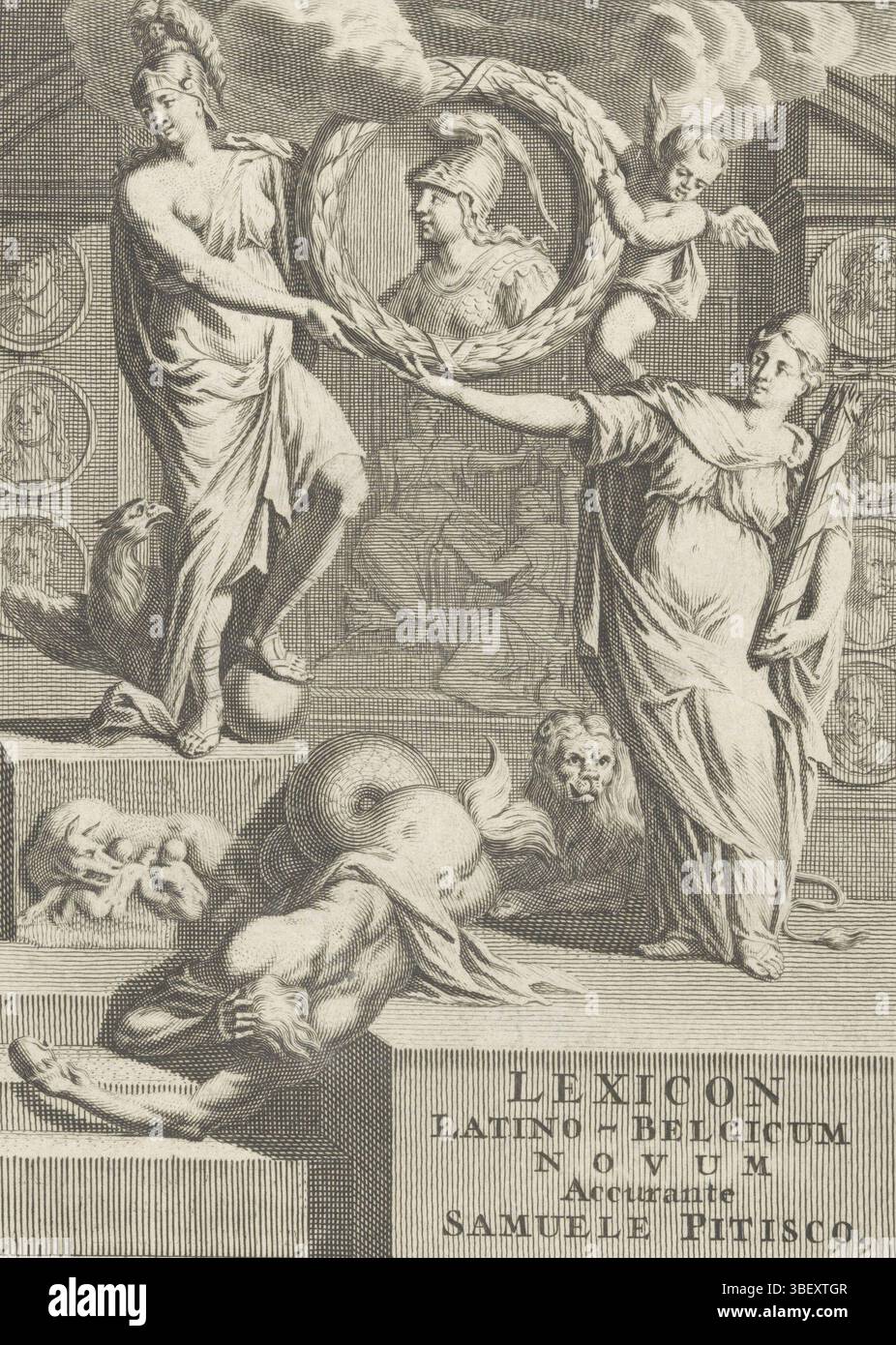 Home Page per: Samuel Pitiscus, Lexicon Latino-Belgicum novum, s.a., rappresentazione allegorica con personaggi dell'Impero olandese e romano e ritratto di Minerva, stampato verso, personificazione dei Paesi Bassi con fascio di frecce e leone e personificazione dell'Impero Romano con aquila, globo e l'immagine della pinna di lana con Romolo e Remus, reggono un ritratto di Minerva in alloro. Un merman cade per i loro piedi. Sul muro dietro di loro ritratti in medaglioni di figure dell'antichità e del loro tempo., stampa, frontespizio, stampe, altezza 185 mm, Foto Stock