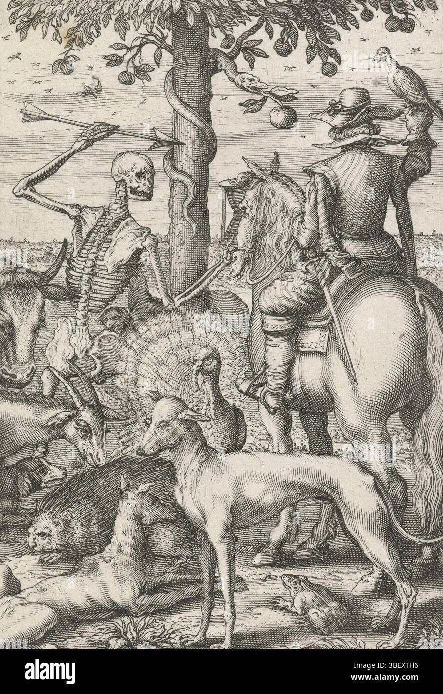 Liagno, Teodoro Filippo di, Hondius, Hendrick (i), l'Aia, stock, Andries Jacobsz., scheletri di animali, scheletro con freccia e falconiere, in mezzo agli animali, morte sotto forma di scheletro con una freccia in mano che punta al falconer a cavallo. Intorno a loro diversi mammiferi e uccelli. Un cane in primo piano. Sullo sfondo l'albero della conoscenza in cui il serpente con la mela in bocca. Stampa da una serie con esibizioni scheletriche di incisori Hendrick Hondius i (NewHollst.243-258), Andries Jacobsz. Stock (Hollst.4-10) e Simon Frisius., stampa, stampa del titolo, stampe Foto Stock