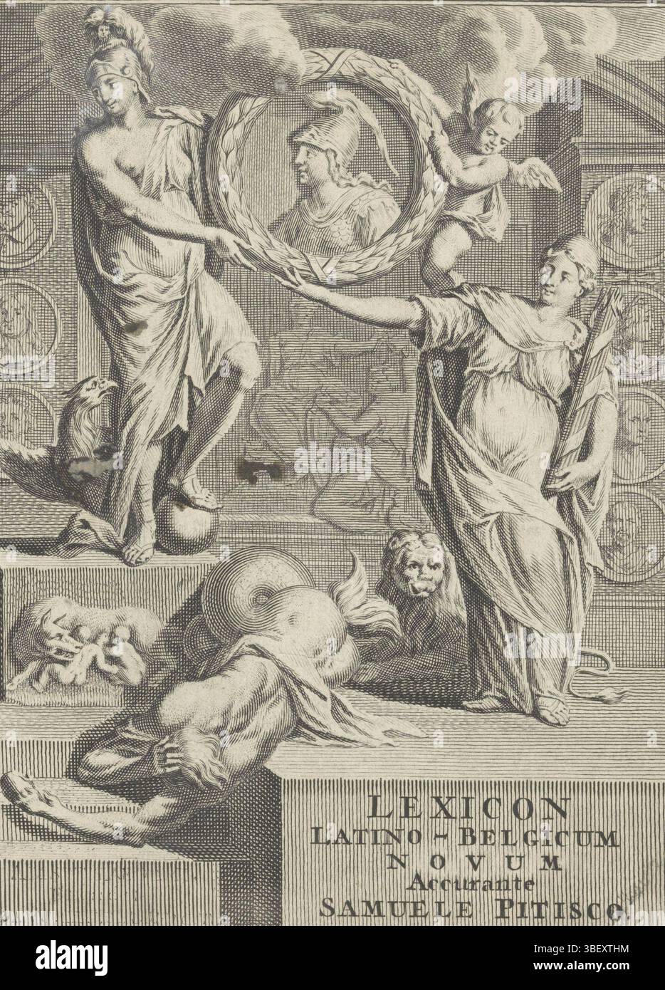 Home Page per: Samuel Pitiscus, Lexicon Latino-Belgicum novum, s.a., rappresentazione allegorica con personaggi dell'Impero olandese e romano e ritratto di Minerva, stampato verso, personificazione dei Paesi Bassi con fascio di frecce e leone e personificazione dell'Impero Romano con aquila, globo e l'immagine della pinna di lana con Romolo e Remus, reggono un ritratto di Minerva in alloro. Un merman cade per i loro piedi. Sul muro dietro di loro ritratti in medaglioni di figure dell'antichità e del loro tempo., stampa, frontespizio, stampe, altezza 185 mm, Foto Stock
