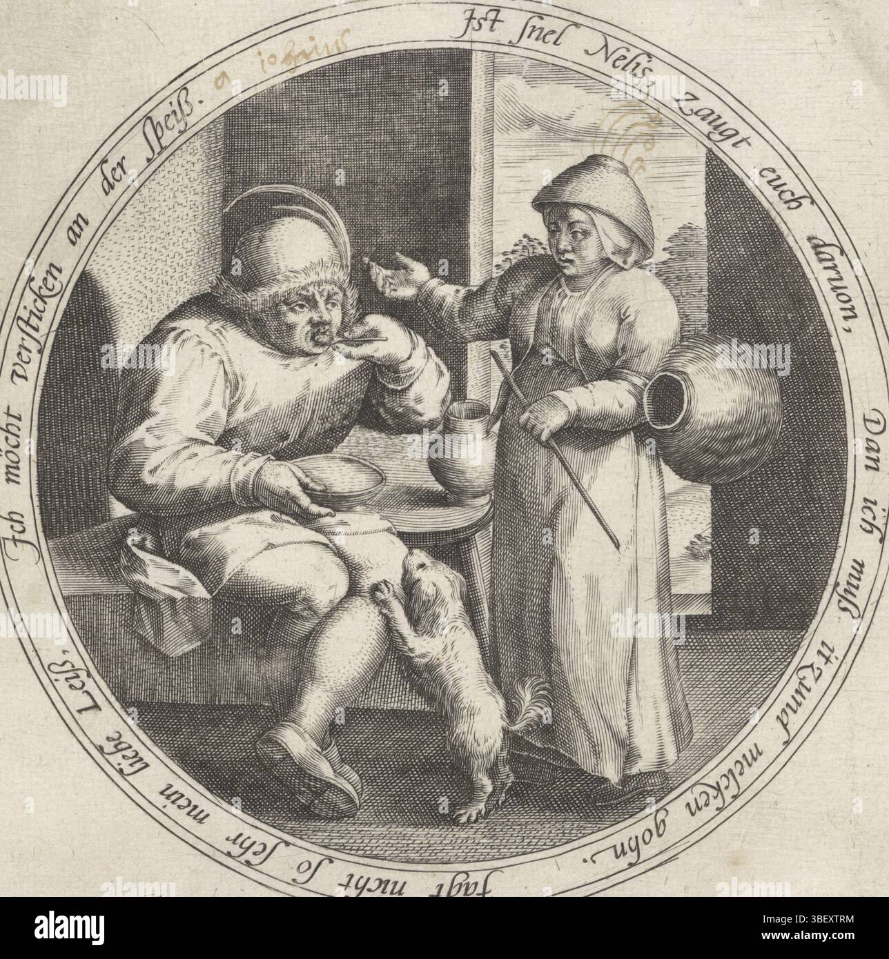 Anversa, Cleve, Marten van (i), Paesi Bassi meridionali, medaglioni con scritti ambigui sul confine, coppia di fattorie in un interno, Anversa, verso in basso a destra - timbrato, medaglione con una coppia di fattorie in un interno. L'uomo mangia fuori da una ciotola mentre un cane salta contro di lui. Accanto a lui c'è la donna con un barattolo vuoto sul braccio e un bastone in mano. Intorno a un bordo ambiguo scritto in tedesco., stampa, altezza 149 mm, larghezza 149 mm, stampatore, 1555 - 1631, carta, incisione, incisione (processo di stampa), concezione del lavoro, Zuid-Nederlands, 1527 - 1581 Foto Stock