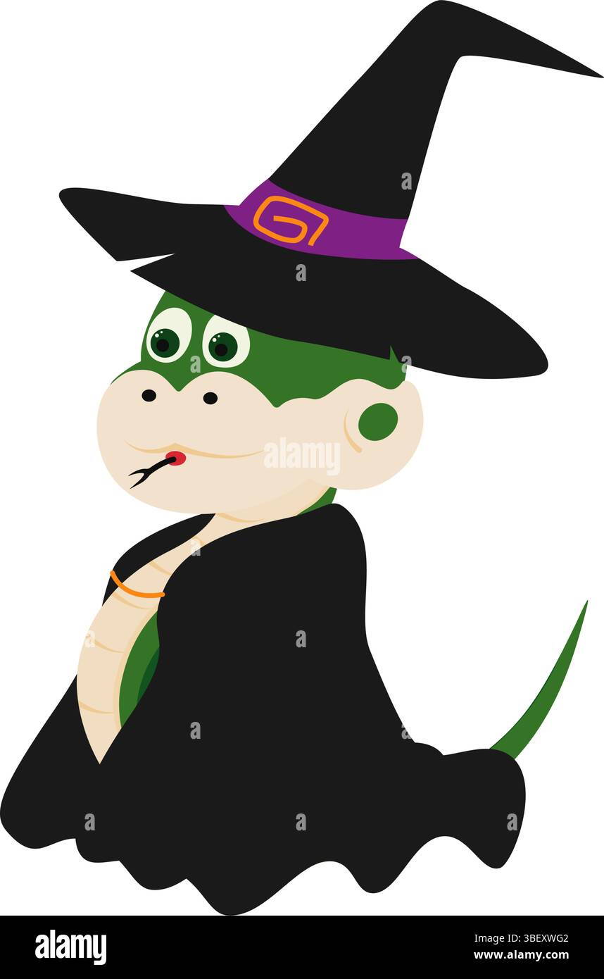 Carino personaggio dei cartoni animati Snake che indossa un cappello da strega e un mantello perfetti per festeggiare Halloween quest'anno. Illustrazione vettoriale isolata biglietti tematici di benvenuto di Halloween, banner, etichette, branding o promozioni Illustrazione Vettoriale