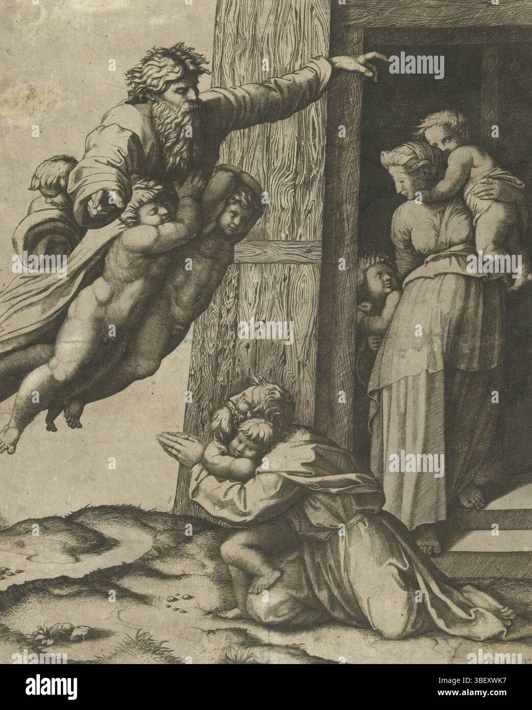 Raffaello, Italia, Raimondi, Marcantonio, Dio appare a Noè dopo l'alluvione, verso medio - timbrato, stampa, altezza 307 mm, larghezza 250 mm, italiano, 1482 - 1534, incisore, 1513 - 1515, primo quarto del XVI secolo, carta, incisione, incisione (processo di stampa), concetto di lavoro, 1483-04-07 - 1520-04-07 Foto Stock