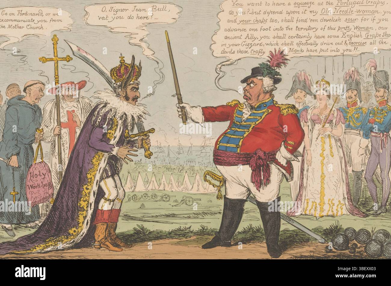 Londra, Fairburn, John, Inghilterra, Cruikshank, Robert Isaac, guerra con la Spagna! O Giovanni Toro e il Reggente del Portogallo, contro Ferdinando, e il suo meraviglioso monaco!!!, Giovanni Toro affrontò il re spagnolo Ferdinando VII di Londra, Spotprent in cui Giovanni Toro (Regno Unito) affrontò il re spagnolo Ferdinando VII. Dopo l'arrivo di un esercito britannico in Portogallo per proteggersi dagli attacchi della Spagna. Dietro il re ci sono un monaco e un cardinale. Dietro John Bull si trova Isabella Maria, neonata del Portogallo con alcuni ufficiali militari., cartone animato, cartone animato inglese, altezza 250 mm, larghezza 350 mm, inglese, 1789-08-27 - 1856-03-1 Foto Stock