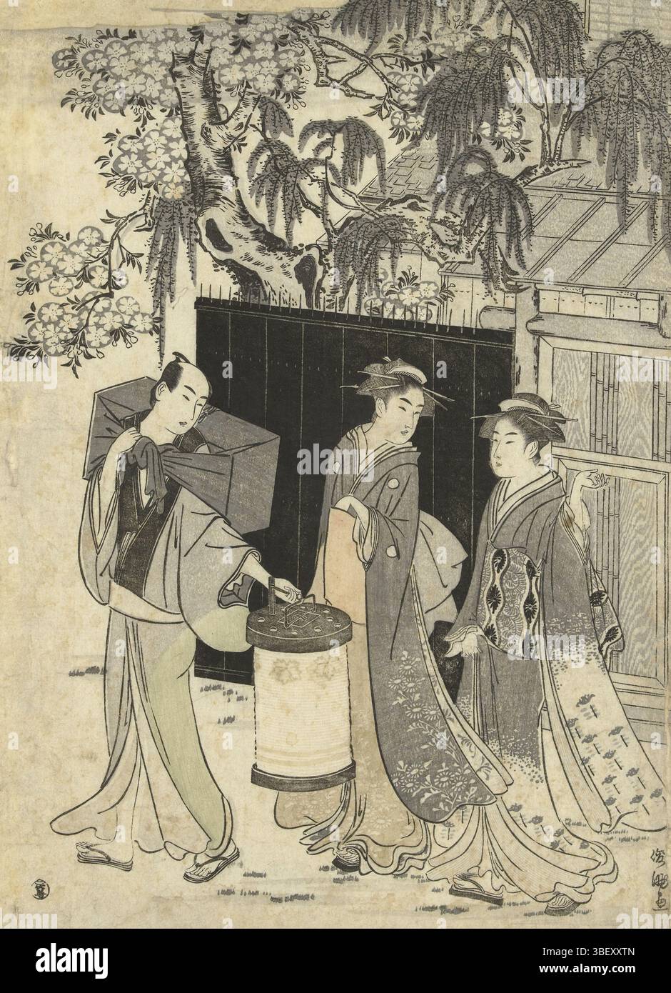 Giappone, Fushimiya Zenroku (Daikindo), Giappone, Shunman, Kubota, la casa del kyoka più vicina alla notte., due donne, donate da servitore con lanterna e scatola per il trasporto sul retro, camminando all'alto cancello del giardino con cancello; di notte., stampa, Giappone (collezione), altezza 383 mm, larghezza 260 mm, giapponese, 1757 - 1820, macchina per stampa, 1788 - 1788, quarto quarto del XVIII secolo, carta, xilografie a colori, benigarai-e, pubblicazione (evento), pubblicazione, editore, Foto Stock