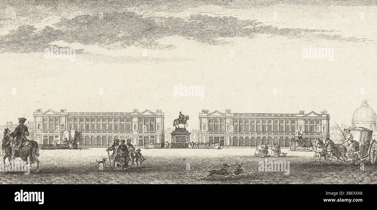 Parigi, Chéreau, vedova Francesco, Francia, Ozanne, Jeanne Francesca, volti di Parigi, Vues de Paris, Vista su Place Louis XV a Parigi, Parigi, verso middle - timbrato, faccia sul lato nord di Place Louis XV, l'attuale Place de la Concorde, a Parigi. Al centro la statua equestre di Luigi XV sui gruppi quadrati di escursionisti, cani da gioco e una carrozza., stampa, altezza 81 mm, larghezza 159 mm, 1735 - 1795, Printmaker, 1755 - 1790, terzo trimestre XVIII secolo, quarto trimestre XVIII secolo, carta, incisione, pubblicazione (evento), pubblicazione, editore Foto Stock