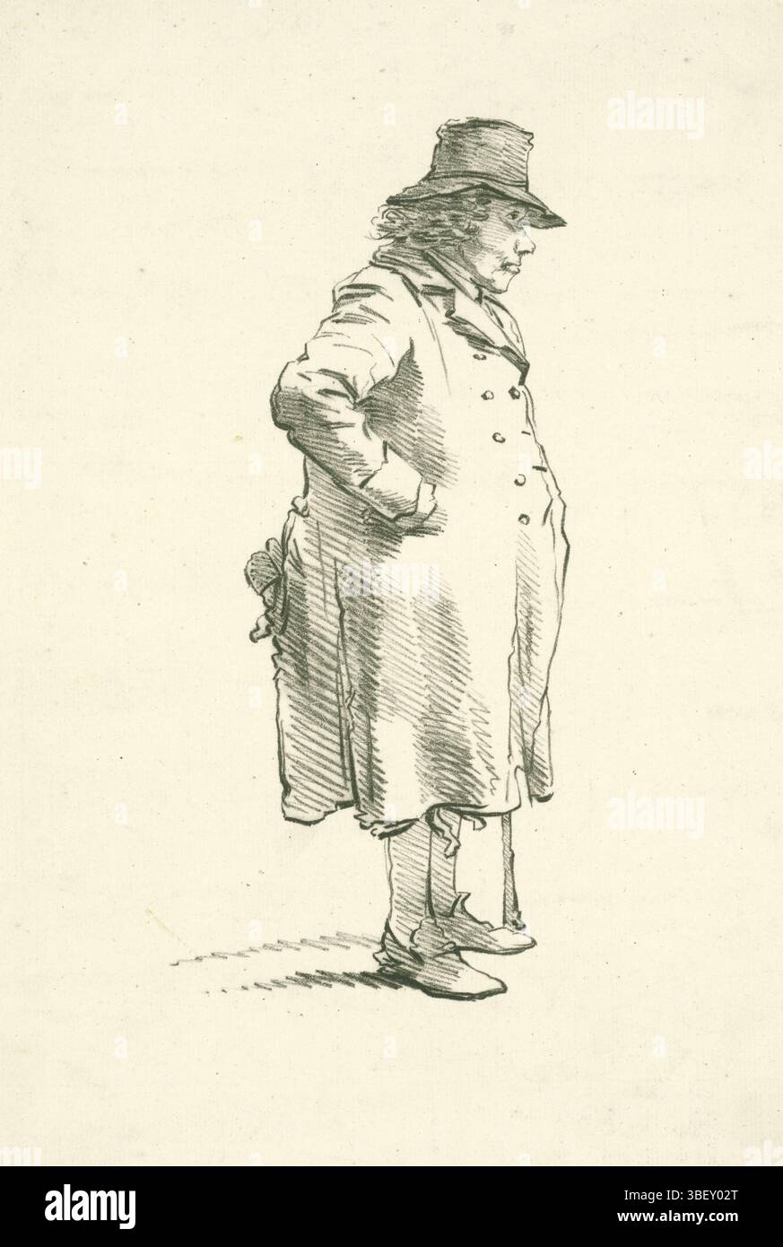 Den Haag, Burgh, Hendrik van der, Ritratto del mendicante Hendrik Delbroeck, l'Aia, Ritratto del mendicante Hendrik Delbroeck, verso - timbrato, l'uomo, raffigurato ai suoi piedi, indossa un lungo cappotto rotto e un cappello. Sembra a destra e gli ha messo la mano destra in tasca. Dalla tasca posteriore si attacca una scarpa., stampa, altezza 383 mm, larghezza 284 mm, 1769 - 1858-09-15, stampatore, 1809 - 1858, carta, litografia (tecnica) Foto Stock
