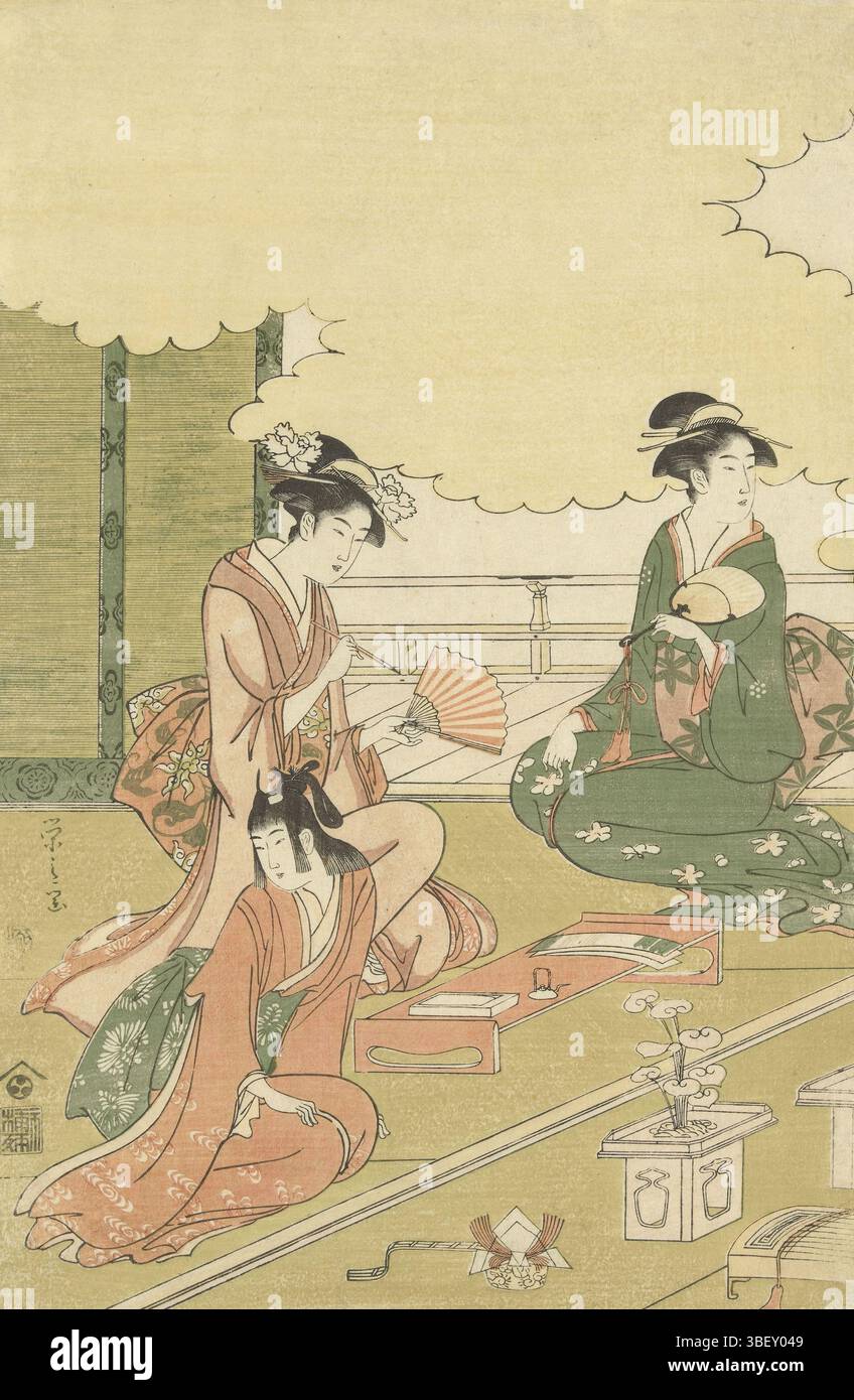 Tokyo, Nishimura Yohachi, Giappone, Eishi, Hosoda, donne in una stanza all'aperto, tre donne sedute a un tavolo basso in una stanza tatami che si affaccia sulla veranda e sul motivo nuvoloso; la donna di mezzo con pennello una gamma di decorazioni., stampa, Giappone (collezione), altezza 383 mm, larghezza 249 mm, 1756 - 1829, incisore, 1793 - 1797, quarto quarto trimestre XVIII secolo, carta, nishiki-e, colorazione xilografica, pubblicazione (evento), pubblicazione, giapponese, editore Foto Stock