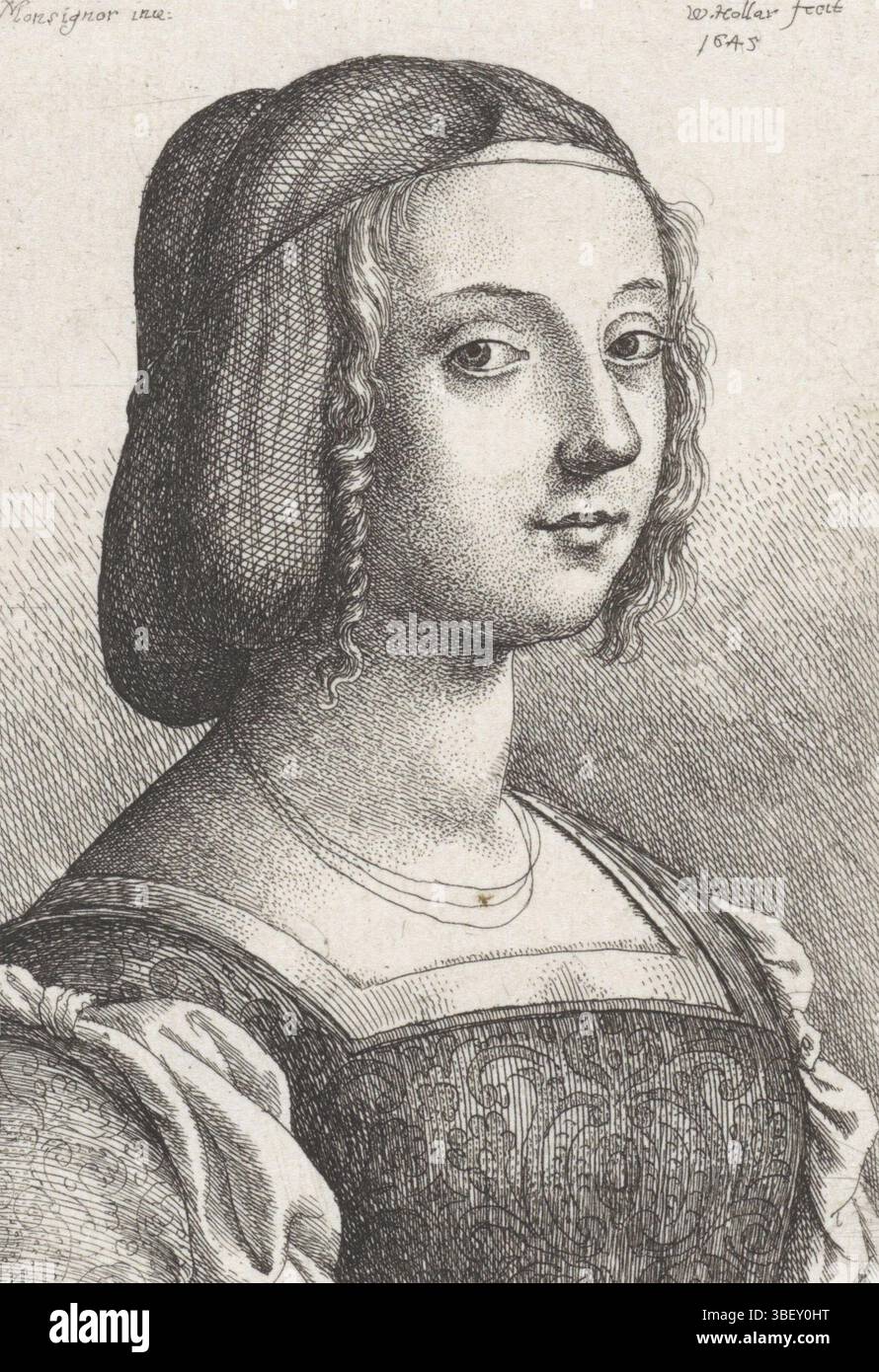 Bonsignori, Francesco, Anversa, Hollar, Venceslao, ritratto di una giovane donna con retina per capelli, timbrata verso, stampa, altezza 94 mm, larghezza 66 mm, ceco, 1607-07-13 - 1677-03-25, stampatore, 1645-1645, carta, acquaforte, Work Conception, italiano, 1455 - 1519-07-02 Foto Stock