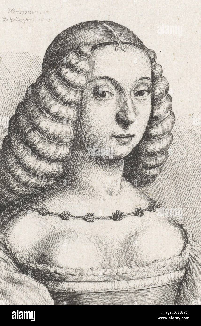 Bonsignori, Francesco, Anversa, Hollar, Venceslao, ritratto di una giovane donna con i capelli legati in rotoli, timbrato verso, stampa, altezza 107 mm, larghezza 72 mm, ceco, 1607-07-13 - 1677-03-25, stampatore, 1645 - 1645, carta, etching, Work Concept, italiano, 1455 - 1519-07-02 Foto Stock