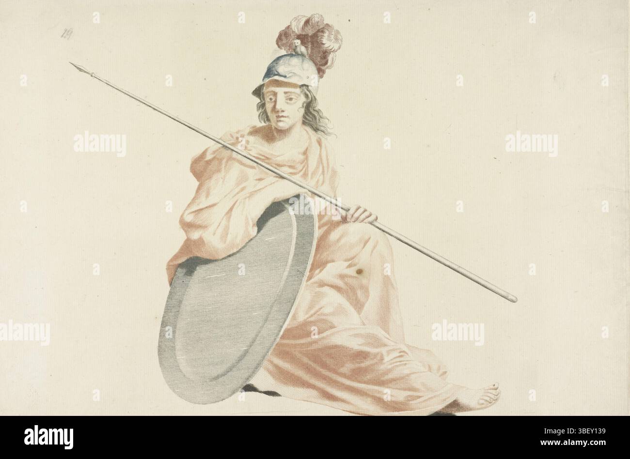 Teyler, Johan, Paesi Bassi, Minerva, verso - timbrato, dea della saggezza, seduta con il suo scudo e la lancia. Sulla sua testa il casco con il suo attributo il gufo, stampa, altezza 248 mm, larghezza 368 mm, stampatore, 1688 - 1698, carta, incisione, incisione (processo di stampa), à la poupée, stampa a colori, olandese settentrionale, 1648 - 1712, supervisione Foto Stock