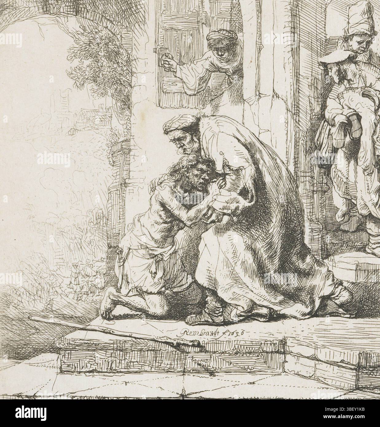Rhine, Rembrandt di, Rhine, Homecoming del figlio prodigo, verso sotto destra - gesso nero, ritorno del figlio prodigo: Si inginocchia davanti a suo padre sulla piattaforma della sua casa parentale. Sulla porta due figure, una terza guarda fuori dalla finestra., stampa, Rembrandt f 1636, centro, verso sinistra centrale, 6 fl, altezza 155 mm, larghezza 137 mm, olandese settentrionale, 1606-07-15 - 1669-10-08, stampatore, 1636 - 1636, secondo quarto del XVII secolo, carta, incisione, concezione del lavoro, secondo il proprio disegno di Foto Stock