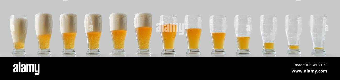 Una raccolta di bicchieri da birra in fila con il processo di riempimento e bere riflesso su un tavolo e sfondo grigio isolato. Vista frontale. Foto Stock