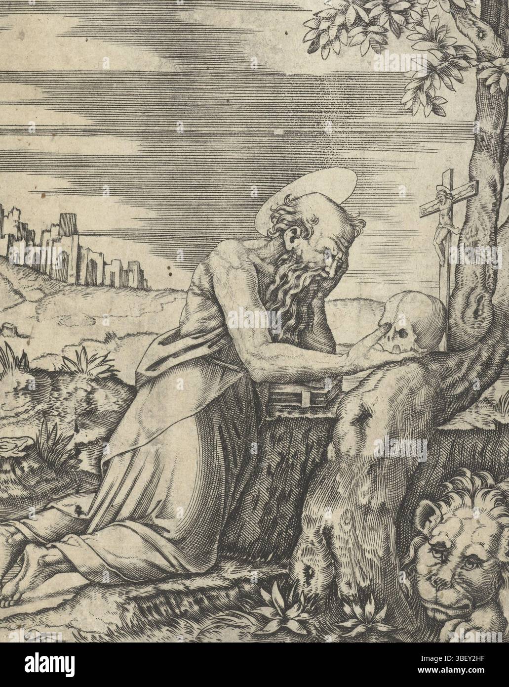 Raffaello, Italia, Raimondi, Marcantonio, Sant'Ieronimo come penitenziario nel deserto, verso medio - timbrato, stampa, altezza 133 mm, larghezza 111 mm, concezione del lavoro, italiano, 1482 - 1534, dopo la stampa del, 1500 - 1577, XVI secolo, carta, incisione, incisione (processo di stampa), stampatrice, 1483-04-07 - 1520-04-07 Foto Stock