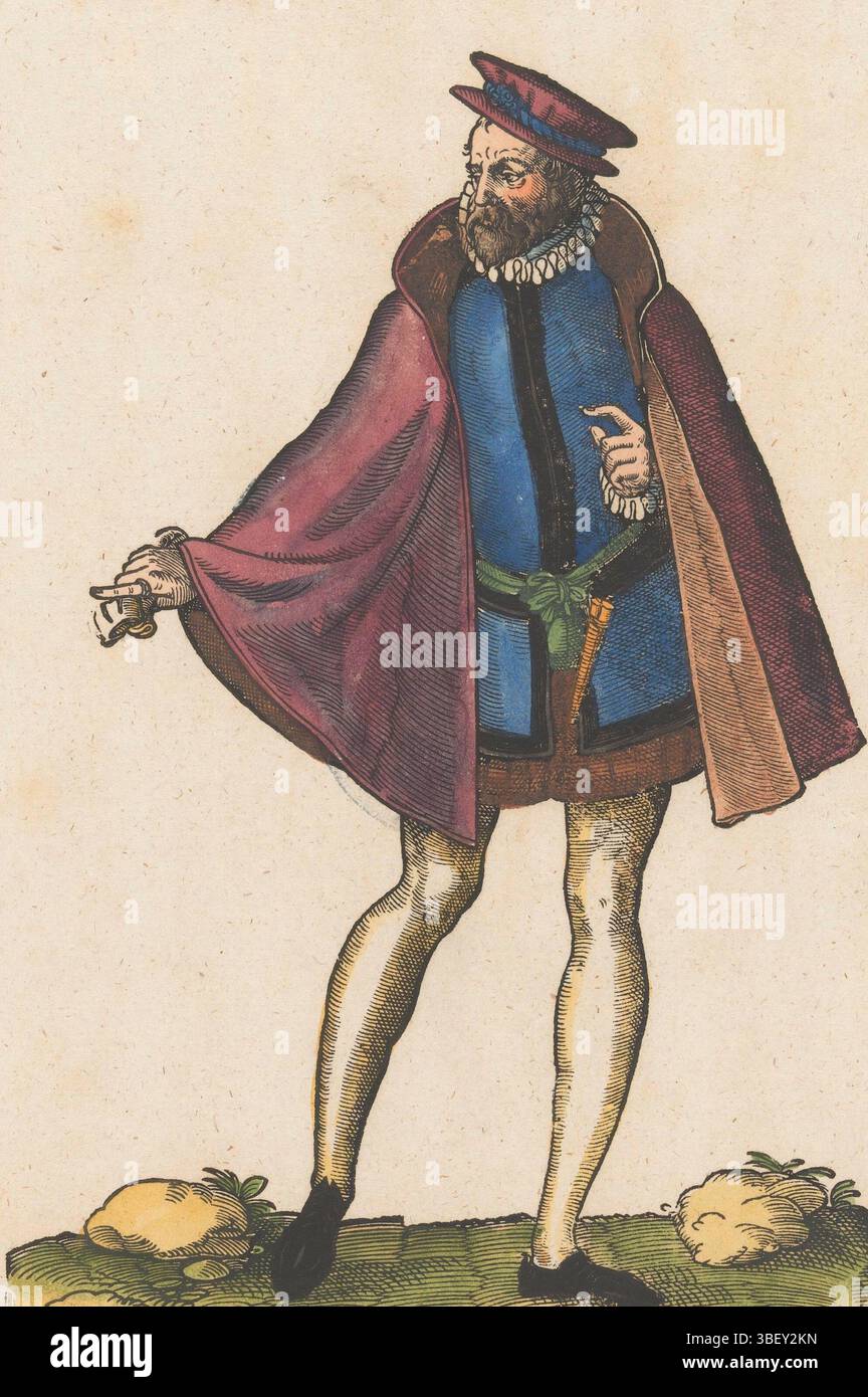 Weigel, Hans, Norimberga, Amman, Jost, Hollandus vel Belga, Ein Holländer oder Niederlander, uomo in piedi in gravidanza olandese, l'uomo indossa un mantello a spalla sul gioco d'azzardo, un colletto pieghevole e un pantalone corto, interamente secondo la moda spagnola di quel tempo. Nella sua mano ha un guanto. In basso centrale numerato: XC., stampa, altezza 235 mm, larghezza 167 mm, Svizzera, 1539 - 1591-03-15, incisore, 1577 - 1577, terzo quarto XVI secolo, quarto XVI secolo, secondo quarto XVII secolo, carta, xilografia, colore a mano, pubblicazione (evento), pubblicazione, tedesco, 1520 - 1577, editore Foto Stock
