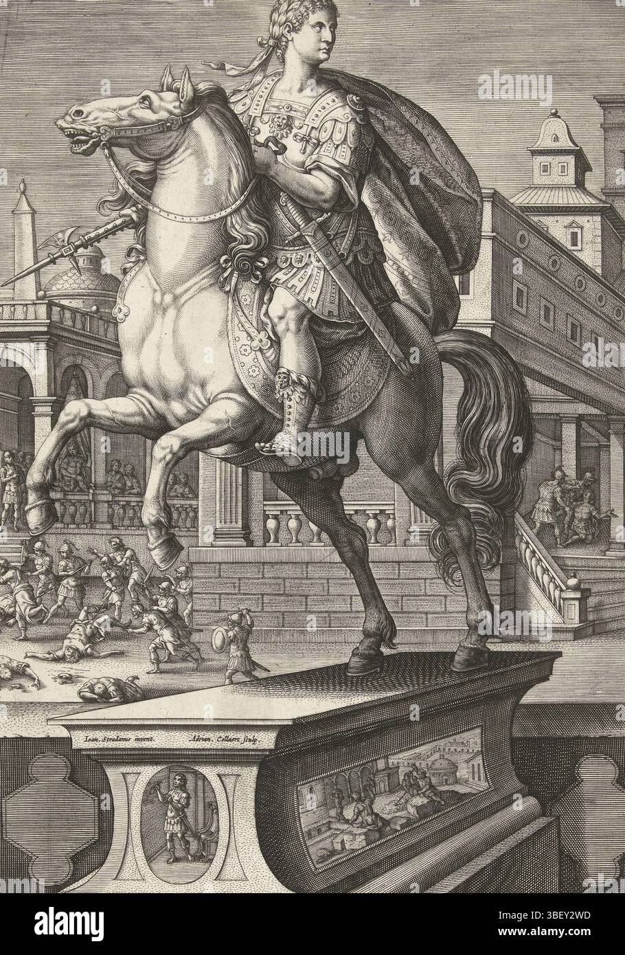 Anversa, Galle, Philips, Anversa, Straet, Jan van der, Collaert, Adriaen, Imperatorvm XII. A svetonio descriptorvm effigies resqve stae, imperatori romani a cavallo, Domitianvs, imperatore Domiziano a cavallo, Anversa, verso medio - timbrato, su una colonna imperatore Domiziano a cavallo. Sullo sfondo sono morti, uccisi dal suo corteggiamento in casa sua. La stampa ha una didascalia latina. La stampa fa parte di una dodicesima serie sugli imperatori romani., stampa, altezza 326 mm, larghezza 221 mm, olandese meridionale (prima del 1775), 1560 - 1618-06-29, stampatore, 1587 - 1589, carta, incisione, incisione (stampa pro Foto Stock