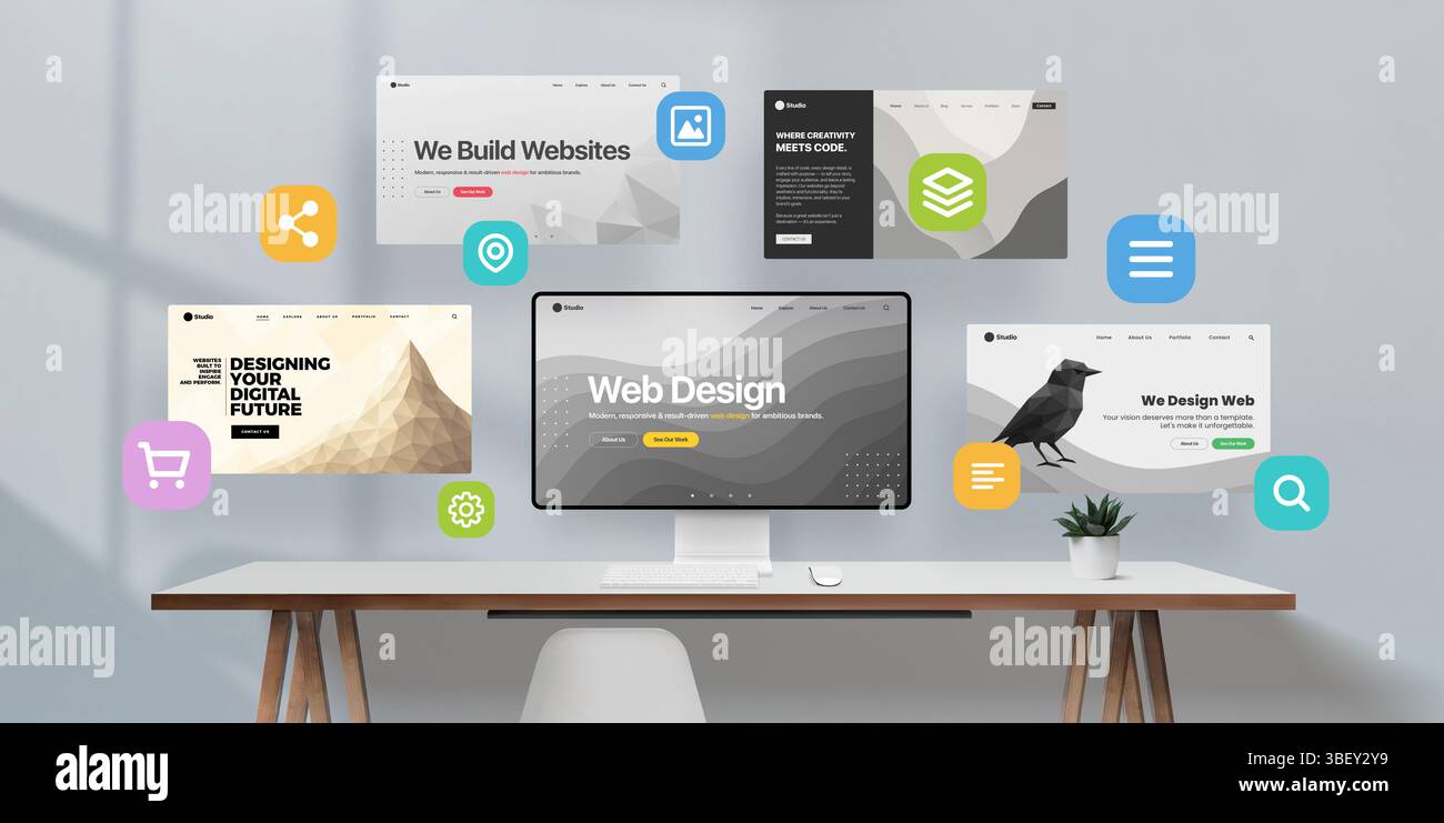 Ambiente di progettazione Web creativo con schermo desktop, layout di siti multipli in aria e icone essenziali dell'interfaccia utente: Perfetto per presentare l'esperienza utente, layout f Foto Stock