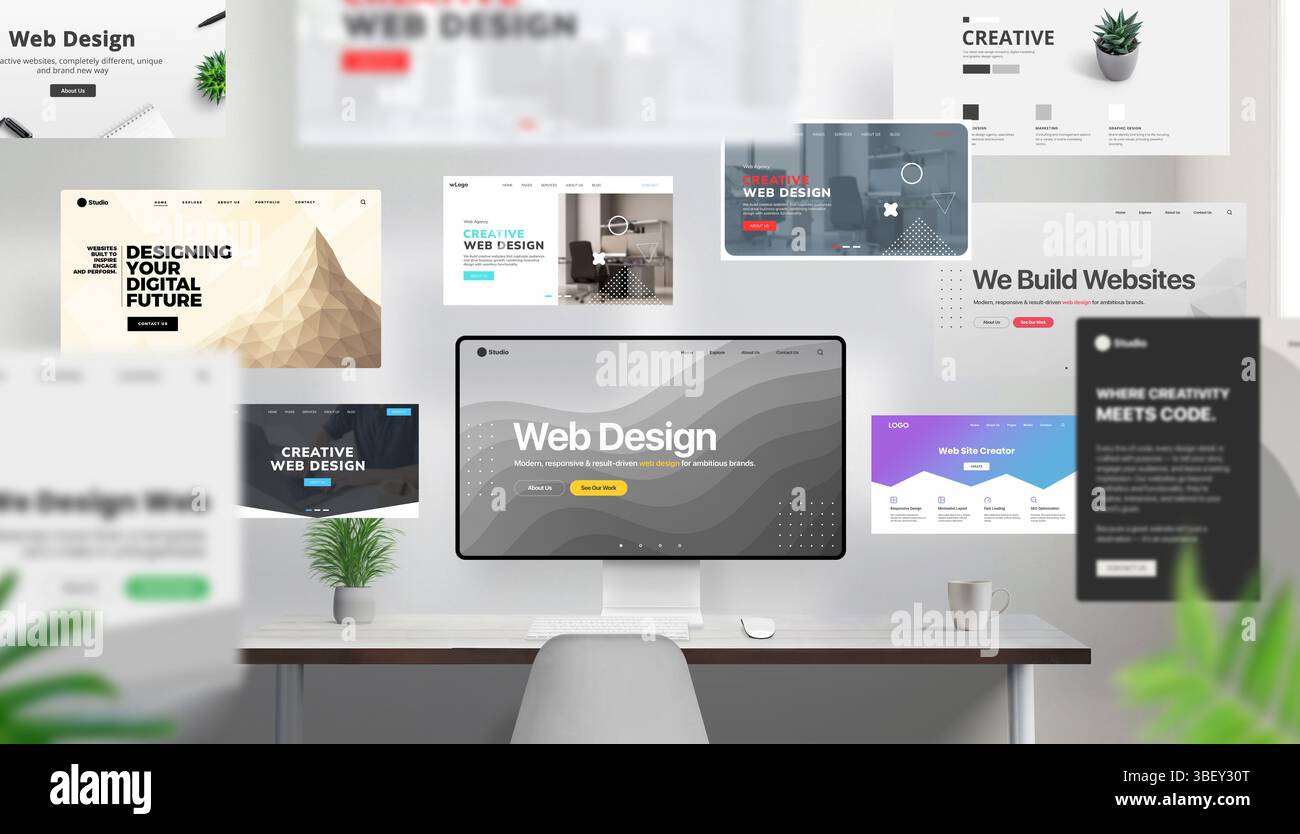 Spazio di lavoro creativo con schermo desktop e numerose pagine Web in movimento dinamico. Alcune pagine sono sfocate in primo piano per illustrarle Foto Stock