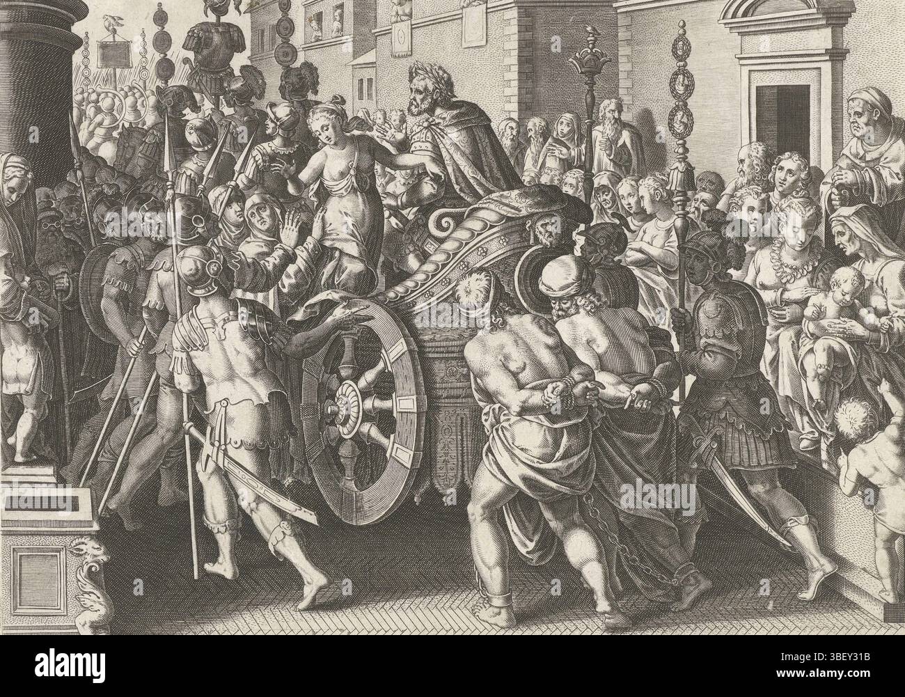 Anversa, Galle, Philips, Anversa, Boghe, Johannes, Straet, Jan van der, Theodoor, famose donne romane, trionfo di Claudia e di suo padre, verso in mezzo - timbrato, durante il suo trionfo un console romano viene attaccato dalla plebe. Sua figlia Claudia interviene e calma la gente. La stampa ha una didascalia latina e fa parte di una serie di sei parti su famose donne romane., stampa, verso il centro sotto - stampato, altezza 215 mm, larghezza 282 mm, olandese meridionale, 1571 - 1633, stampatore, 1593 - 1597, carta, incisione, incisione (processo di stampa), Work Conception, 1523 - 1605-11-02, su progetto di, scrittore, PU Foto Stock