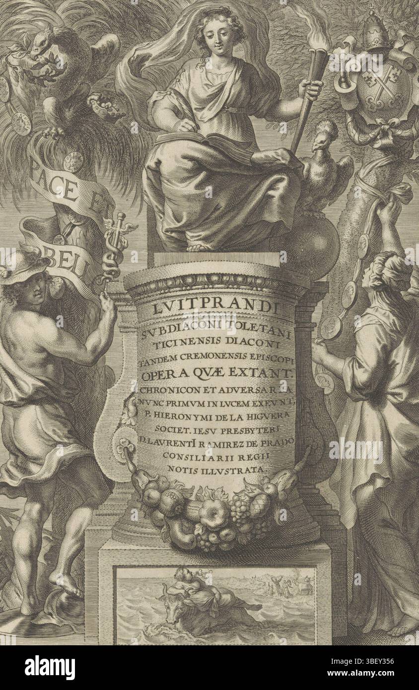 Home Page: Liutprando, Opera, 1640, storia seduta su un trono, Anversa, verso - timbrato, la personificazione femminile della storia siede su un trono di pietra e scrive con una piuma in un libro. Su entrambi i lati del trono ci sono mercurio e una donna appesa ghirlande con medaglie su una palma e un albero deciduo. Sul piedistallo del trono un riferimento alla rapina d'Europa., stampa, frontespizio, stampe, altezza 278 mm, larghezza 181 mm, olandese meridionale, 1615 - 1678-10-18, macchina per stampa, 1640 - 1640, carta, incisione, incisione (processo di stampa), concezione del lavoro, 1577-06-28 - 1640-05-30, dopo il progetto, 1607-11-19 - 16 Foto Stock