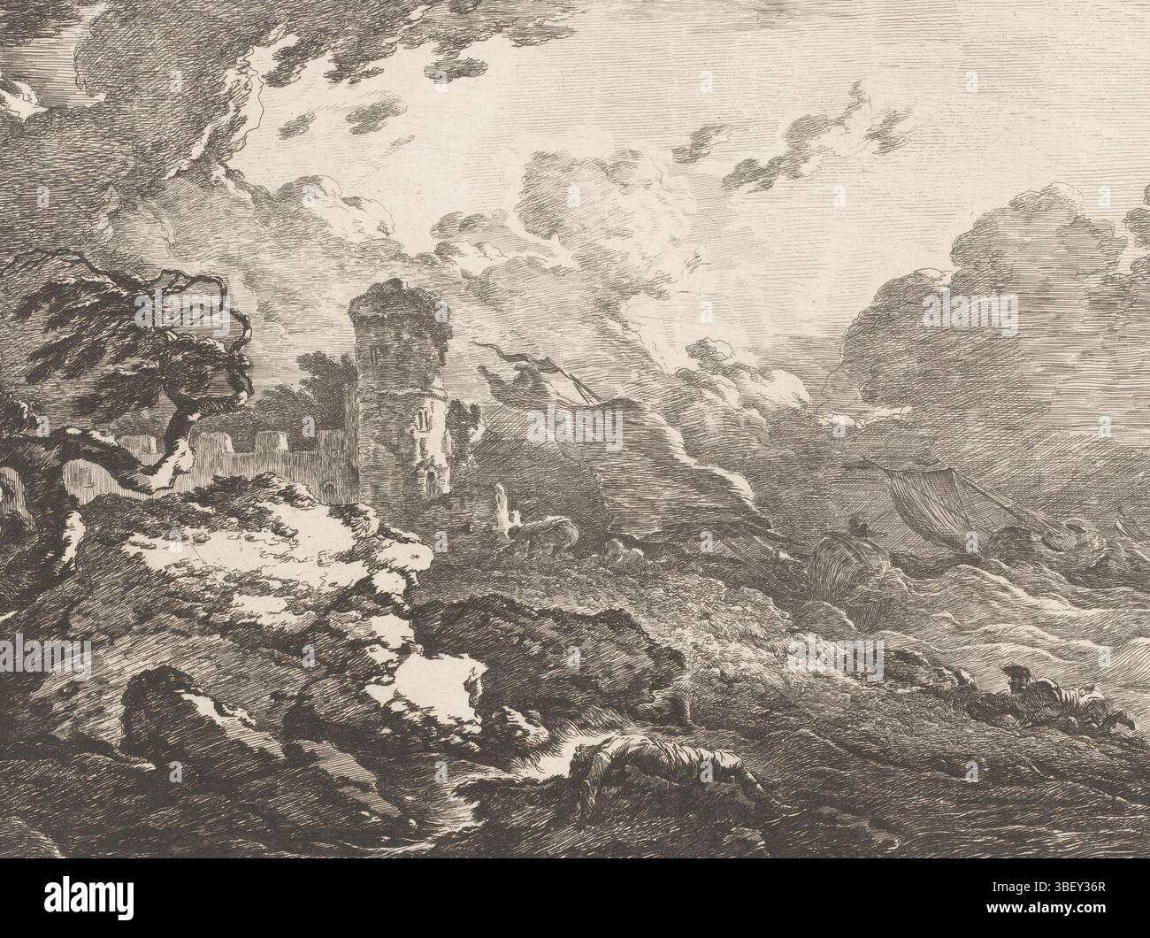 Duvivier, Ignace, Differents Sujets Graves et dessinés par Ignace du Vivier: d'apres ses tableaux, stampe dopo dipinti di Ignace Duvier, la Tempéte, tempesta sulla costa, verso - timbrato, stampa, altezza 235 mm, larghezza 288 mm, macchina di stampa, 1793 - 1832, carta, incisione, ago secco, francese, 1758 - 1832, dopo, dopo la verniciatura di, asciugare l'ago Foto Stock