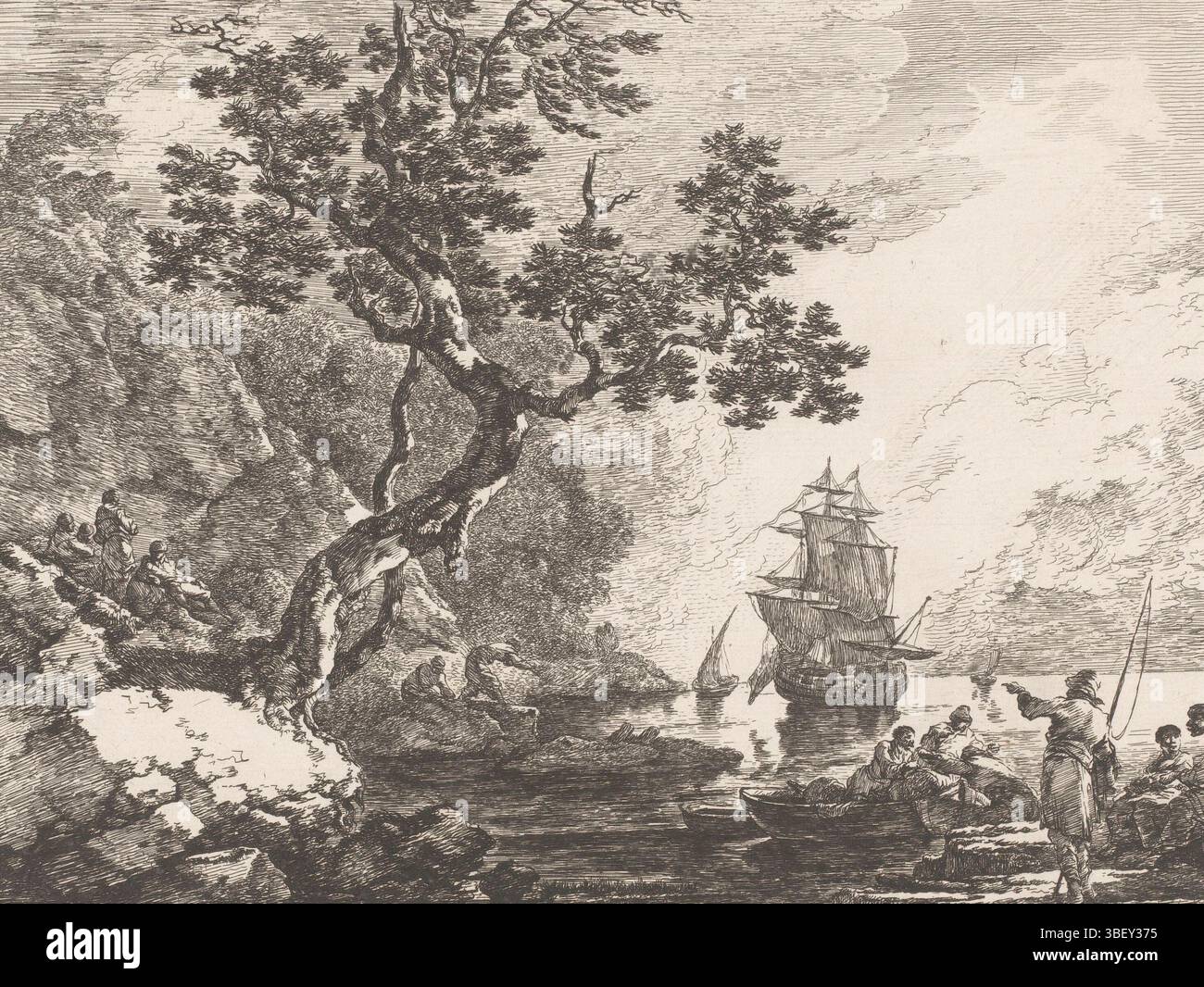 Duvivier, Ignace, Differents Sujets Graves et dessinés par Ignace du Vivier: d'apres ses tableaux, stampe di dipinti di Ignace Duvivier, le calme, paesaggio con marinai ancorati, verso - stampato, stampa, altezza 234 mm, larghezza 288 mm, macchina di stampa, 1793 - 1832, carta, incisione, ago asciutto, francese, 1758 - 1832' Foto Stock