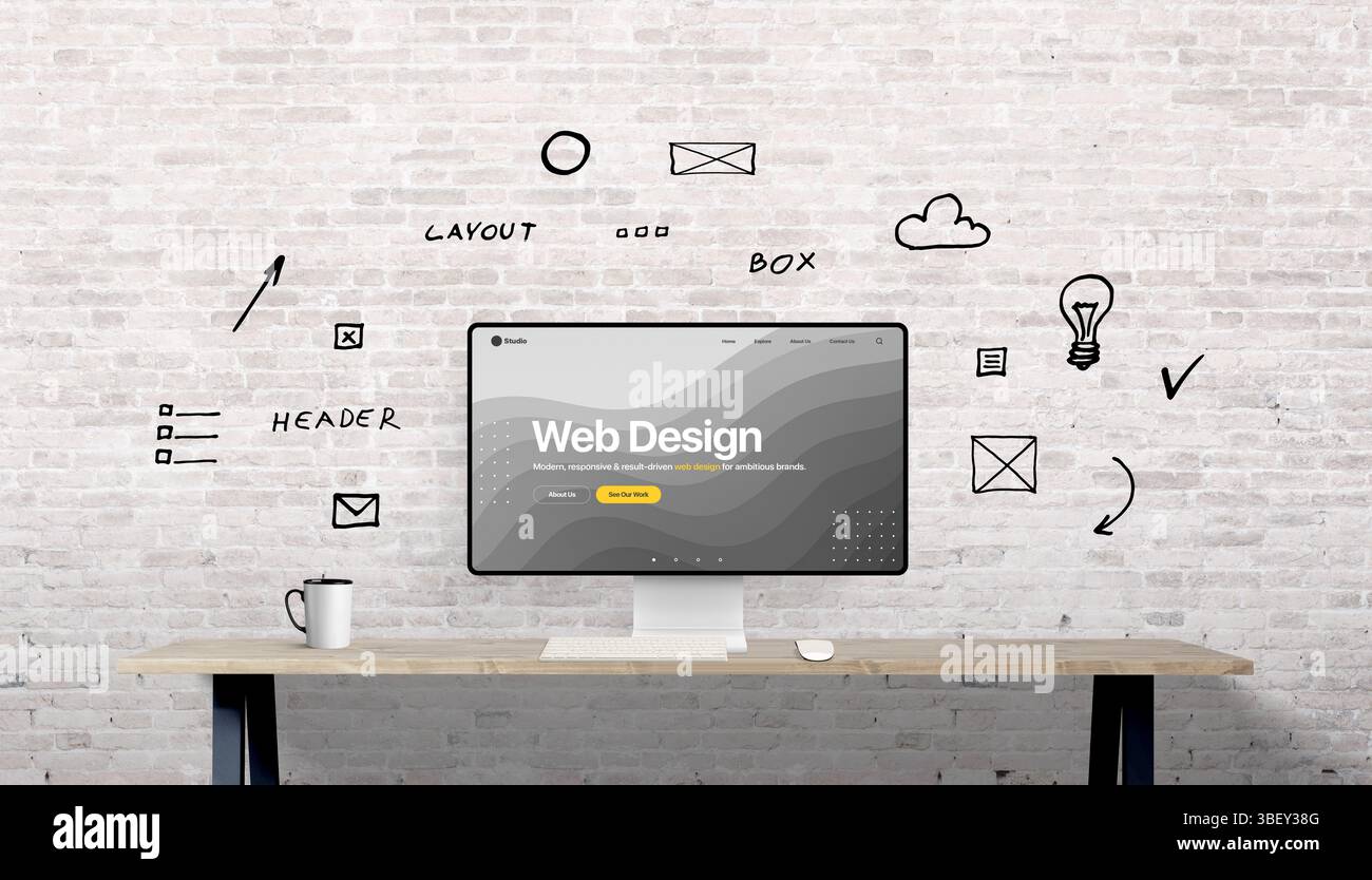 Schermata del desktop che mostra una home page di Web design Studio, circondata da schizzi dell'interfaccia utente disegnati a mano come caselle, intestazioni, menu e icone delle attività. Un creativo Foto Stock