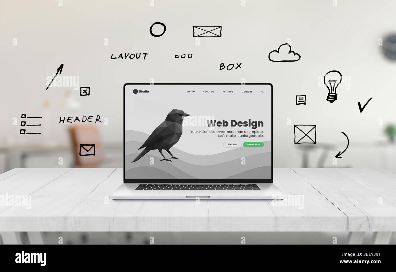 Laptop che visualizza una pagina di progettazione Web concettuale, circondato da elementi mobili dell'interfaccia utente disegnati a mano ed etichette come layout, intestazione e menu. Illustra a. Foto Stock