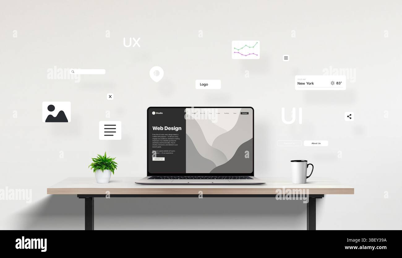 Ambiente d'ufficio moderno con un notebook che mostra un progetto Web, mentre intorno a esso volano diverse icone di interfaccia, che rappresentano gli elementi di base di facile utilizzo Foto Stock
