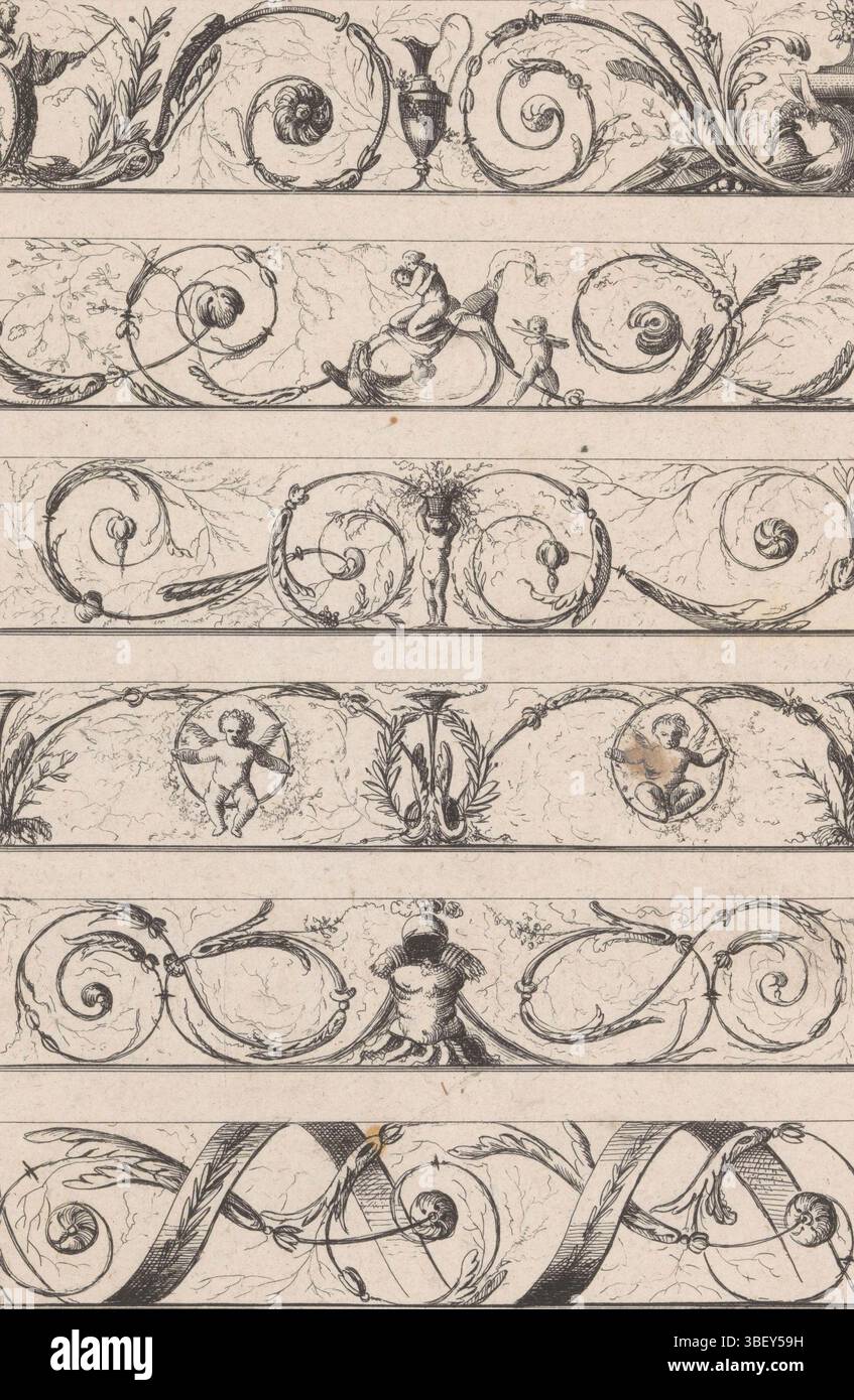 Parigi, Hauer, Johann Thomas, Sallembier, Henri, Desseins de la Mode neuve au Gout Ancient, V Cahier des Desseins a l'Usage des Artistes en Architecture en General et pour faire de Frises et autres ornements Specialement, Friezen met putti en vlechtwerk, Parigi, verso altezza 230 mm, larghezza 159 mm, macchina di stampa, 1781 - 1781, carta, incisione, etsen, Frans, 1753 - 1820-10-01, drapsatore intermedio, dopo disegno, pubblicazione, Hongaar, 1748 - 1820, editore, ecc.. Foto Stock