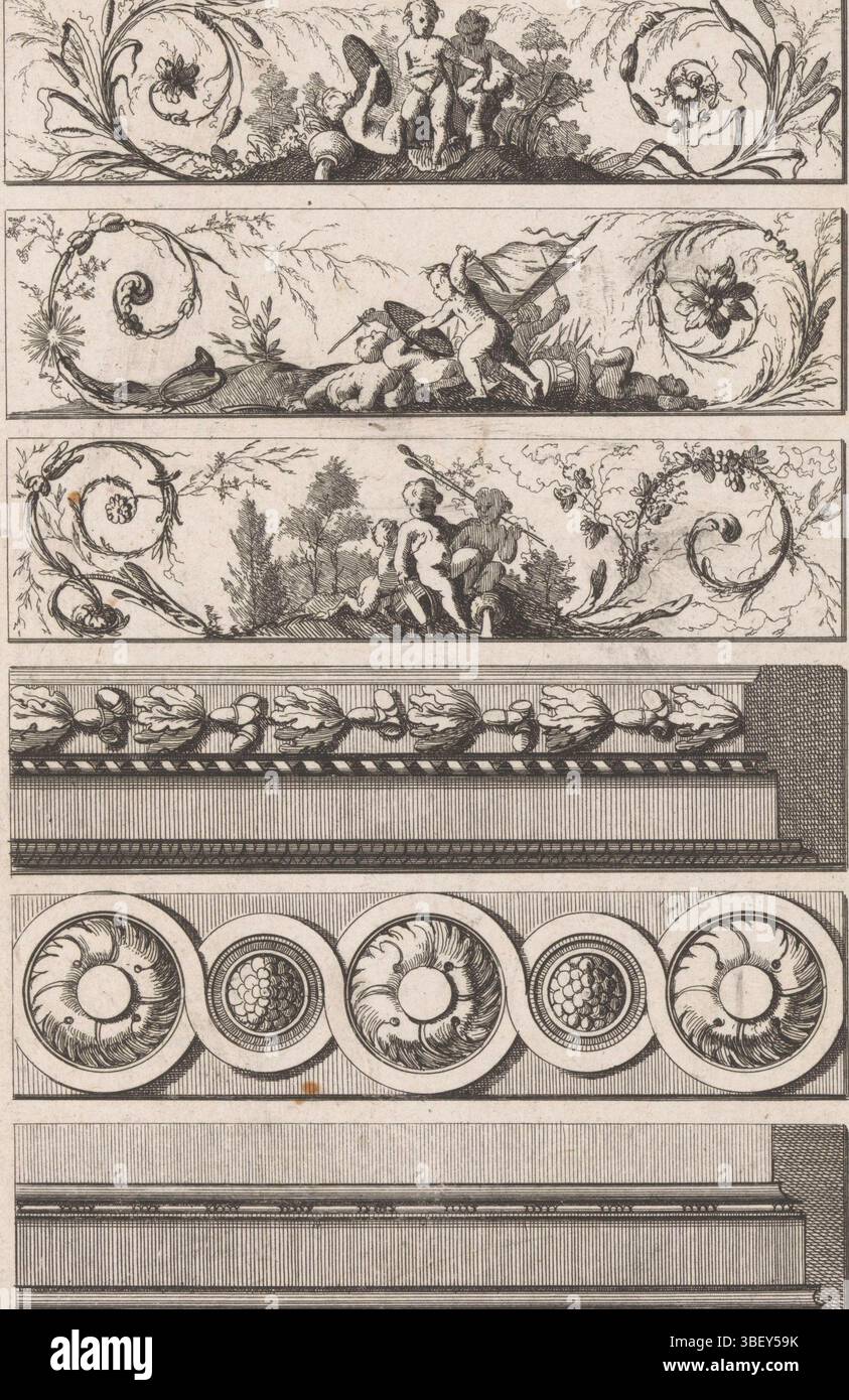 Parigi, Hauer, Johann Thomas, Sallembier, Henri, Desseins de la Mode neuve au Gout Ancient, V Cahier des Desseins a l'Usage des Artistes en Architecture en General et pour faire de Frises et autres ornements Specialement, Friezen met putti, foglie di quercia en rozeten, Parigi, timbrate, sei verso con putti e treccia in paesaggi, foglie di quercia e rosette. altezza 231 mm, larghezza 160 mm, macchina di stampa, 1781 - 1781, carta, incisione, etsen, Frans, 1753 - 1820-10-01, tirante intermedio, dopo il disegno di, pubblicazione (evento), pubblicazione, Hongaar, 1748 - 1 Foto Stock