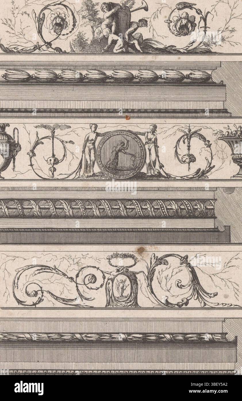Parigi, Hauer, Johann Thomas, Sallembier, Henri, Desseins de la Modeneuve au Gout Ancient, V Cahier des Desseins a l'Usage des Artistes en Architecture en General et pour faire de Frises et autres ornaments Speciality, frisoni con figure, trecce e medaglioni, Parigi, con stampa verso, sei patatine con trecce e figure in un paesaggio, motivi a foglia, donne e trecce su entrambi i lati di un medaglione e a forma di spirale; stampa, stampa ornamentale, altezza 230 mm, larghezza 159 mm, macchina per stampa, 1781 - 1781, carta, incisione, incisione, francese, 1753 - 1820-10-01, intermediario disegnatore, dopo disegno, pubblicazione (evento Foto Stock