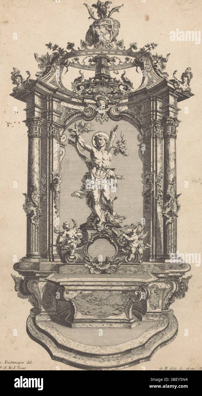 Corte imperiale, Augusta, Götz, Gottfried Bernhard, Feichtmayer, Joseph Anton, Altäre, altare con H. Sebastiaan, San Sebastiaan e due angeli su un altare con ornamenti a rocaille. Sul lato superiore un'imbracatura., stampa, stampe ornamentali, stampe, altezza 383 mm, larghezza 230 mm, tedesco, 1708 - 1774, stampatore, 1740 - 1745, carta, incisione, incisione, incisione (processo di stampa), austriaca, 1696 - 1770-01-02, redattore intermedio, mediante disegno, pubblicazione (evento), pubblicazione, editore, editore di privilegi Foto Stock