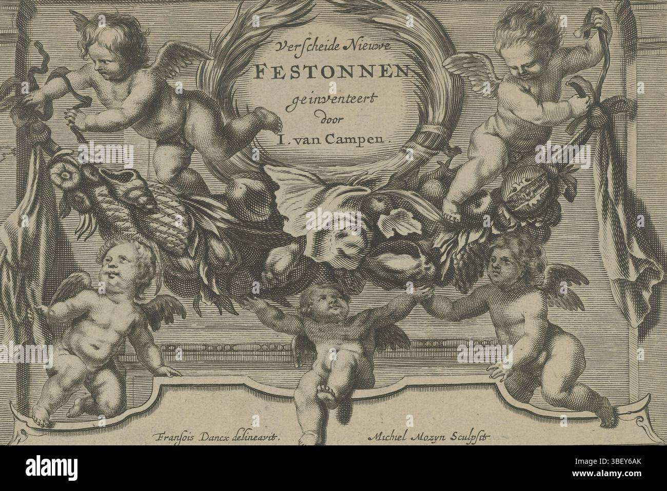 Amsterdam, WIT, Frederik de, Campen, Jacob van, Dancx, Francoys, Amsterdam, Mosijn, Michiel, Verscheide Nieuwe Festonnen, Verscheide Nieuwe Festonnen inventeerd door I. van Campen, Festoen van Fruit en shellen, Festoen, verscheide Nieuwe Putti., stampa, ornamentoprent, frontespizio, stampe, ornamenti, altezza 157 mm, larghezza 202 mm, Noord-Nederlands, 1630, incisore, 1655 - 1678, terzo quarto XVII secolo, quarto XVII secolo, carta, incisione, incisione (processo di stampa), - 1703, disegnatore intermedio, dopo disegno, concezione del lavoro, 1595 - 1657-0-13, dopo progettazione, pubblicazione Foto Stock