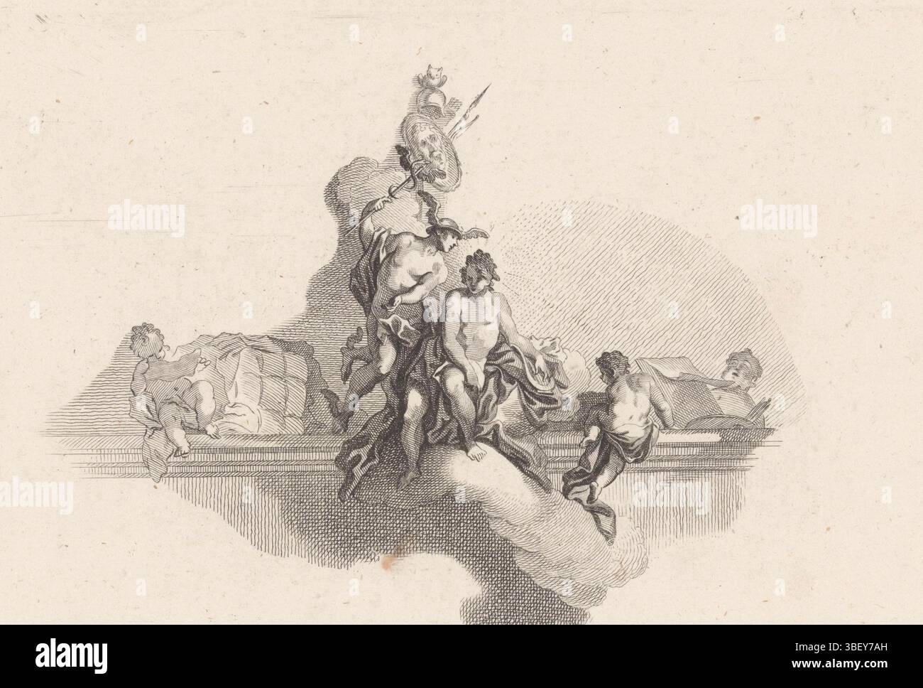 Corte imperiale, Augusta, Nilson, Johann Esaias, Holzer, Johann Evangelist, Picturae a fresco in aedibus Augustae Vindelic, Wissenschaft und Gewerb, Scienza e commercio, verso - timbrato, mercurio e Apollo simboleggiano il commercio e le arti Sopra di loro Minerva, la dea della saggezza, è simboleggiata da un elmo, gufo e scudo con la testa di Medusa. Putti giocano su entrambi i lati accanto a simboli per il commercio, le arti e le scienze., stampa, stampe ornamentali, stampe, altezza 166 mm, larghezza 246 mm, tedesco, 1721-11-02 - 1788, stampatore, 1765 - 1770, carta, incisione, incisione (processo di stampa), 1709-12-24 - 174 Foto Stock