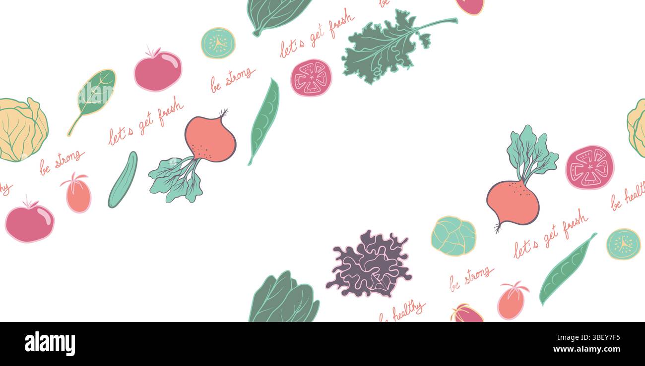 Un motivo vegetale senza cuciture in stile doodle disegnato a mano, con varie verdure. Perfetto per sfondi digitali, imballaggi, carta da imballaggio, textil Foto Stock