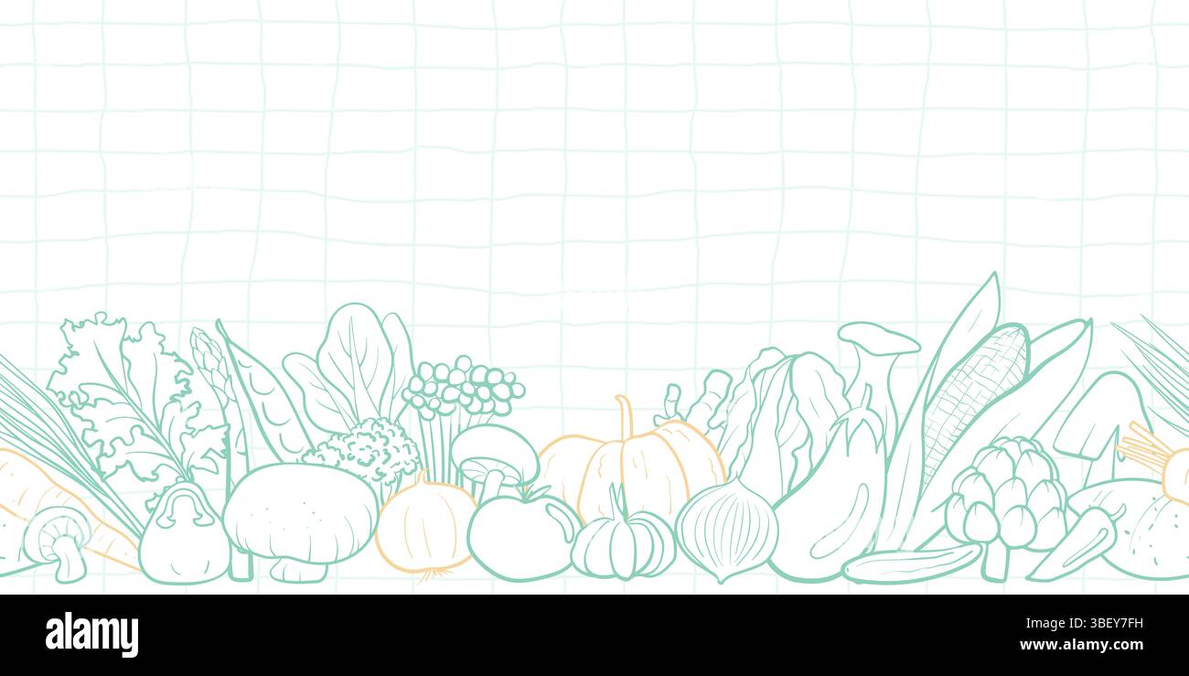 Un motivo vegetale senza cuciture in stile doodle disegnato a mano, con varie verdure. Perfetto per sfondi digitali, imballaggi, carta da imballaggio, textil Foto Stock