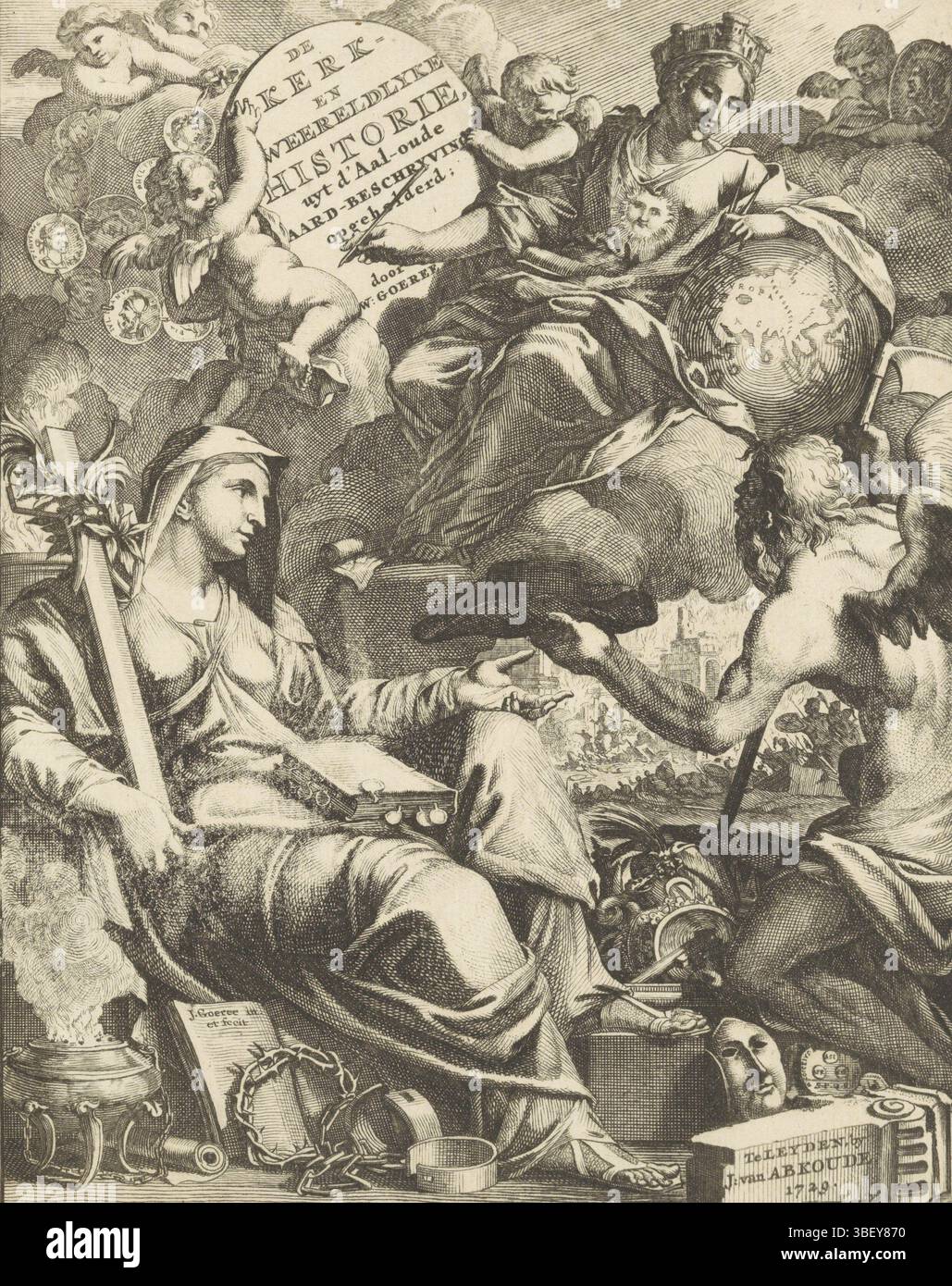 Leiden, Abboude, Johannes van, Goeree, Jan, Home Page per: Willem Goeree, The Churchly and Reverendly Histories, 1729, The Churchly and Reverendly History, Unyt d'AAL-Old Earth-civilizations clarified, Allegory on Church and World history, Leida, verso - timbrato, nelle nuvole la personificazione della verità. Nelle sue mani, un globo e una penna. Accanto ai suoi due putti reggono un ciondolo con il titolo del libro. Altri putti contengono medaglioni di ritratti di persone della storia mondiale. Padre tempo e fede sono tra loro. Il tempo alato consegna un cappello (simbolo di fedeltà) alla fede. Nel backgrou Foto Stock