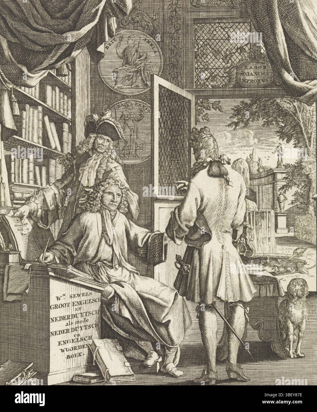 Beek, Jacob ter, Goeree, Jan, Amsterdam, Groot Engelsch en Nederduytsch als mede Nederduytsch en Engelsch Dictionary, Homepage di Willem Sewels, Large Dictionary. Der Engelsche en Nederduytsche taalen, 1749, due signori in visita a uno studioso, a metà, timbrati, due signori in abbigliamento del XVIII secolo parlano con i sewels colti nella sua stanza di studio. Sul lato della scrivania c'è il titolo del suo libro. Una grande libreria a sinistra. C'è un cane sulla destra. Sullo sfondo c'è una porta aperta che conduce a un cortile con laghetto., stampa, frontespizio, stampe, larghezza 155 mm, altezza, 192 mm, 1670-1 Foto Stock