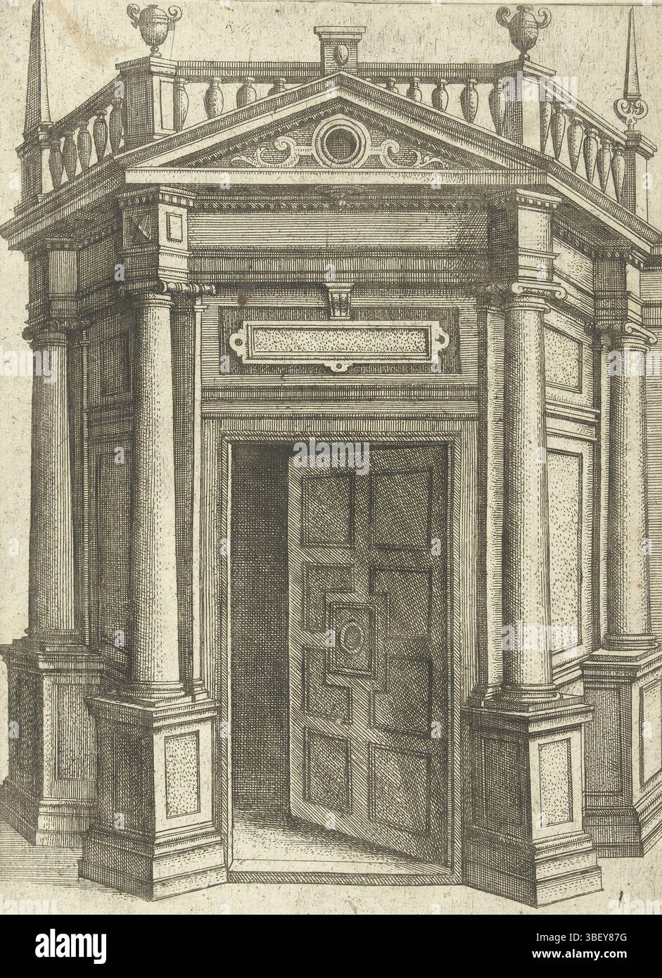 Nederland, Galle, Philips, Nederland, Vredeman de Vries, Hans, Borcht, Pieter van der (i), Differents pourtraicts de menuiseri, Portaal met een door, Paesi Bassi, la porta è decorata con un cartiglio vuoto. Sulla cuffia si trova un frontone triangolare. Foglio 1 di 15 fogli numerati + frontespizio da una serie di 16., stampa, stampe ornamentali, stampe, altezza 260 mm, larghezza 91 mm, South-Nederlands, 1545 - 1608, stampatrice, 1583 - 1583, quarto quarto del XVI secolo, carta, incisione, incisione (processo di stampa), concezione del lavoro, 1527 - 1607, by design, pubblicazione (evento), pubblicazione, 1537 - 161 Foto Stock