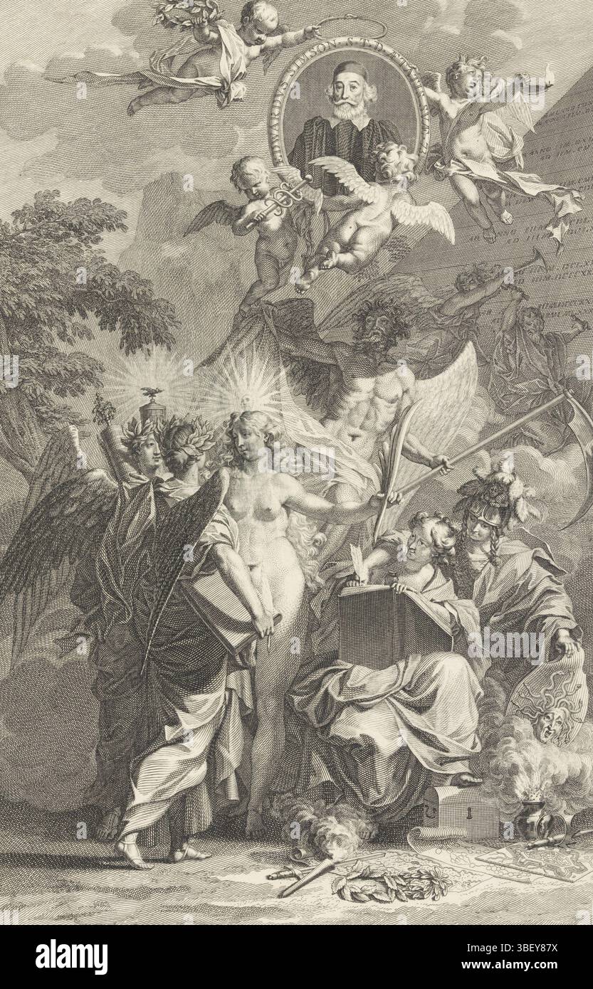 Leiden, Linden, Johannes van der (editore), Wandelaar, Jan, Home Page per: Edward Simson, Chronicon Historian catholicam complectens, 1729, frontespizio allegorico con il ritratto dello scrittore Edward Simson, Leiden, ontbeeld - timbrato, Minerva siede accanto a History e guarda oltre le spalle al libro in cui scrive. La storia vede tre figure allegoriche femminili (verità, poesia e una terza figura). Dietro di loro padre tempo, Faam e una figura a due teste che iscrive uno scalpello in una piramide. In aria volano quattro putti, con simboli di eternità nelle mani, portando il ritratto del wri Foto Stock
