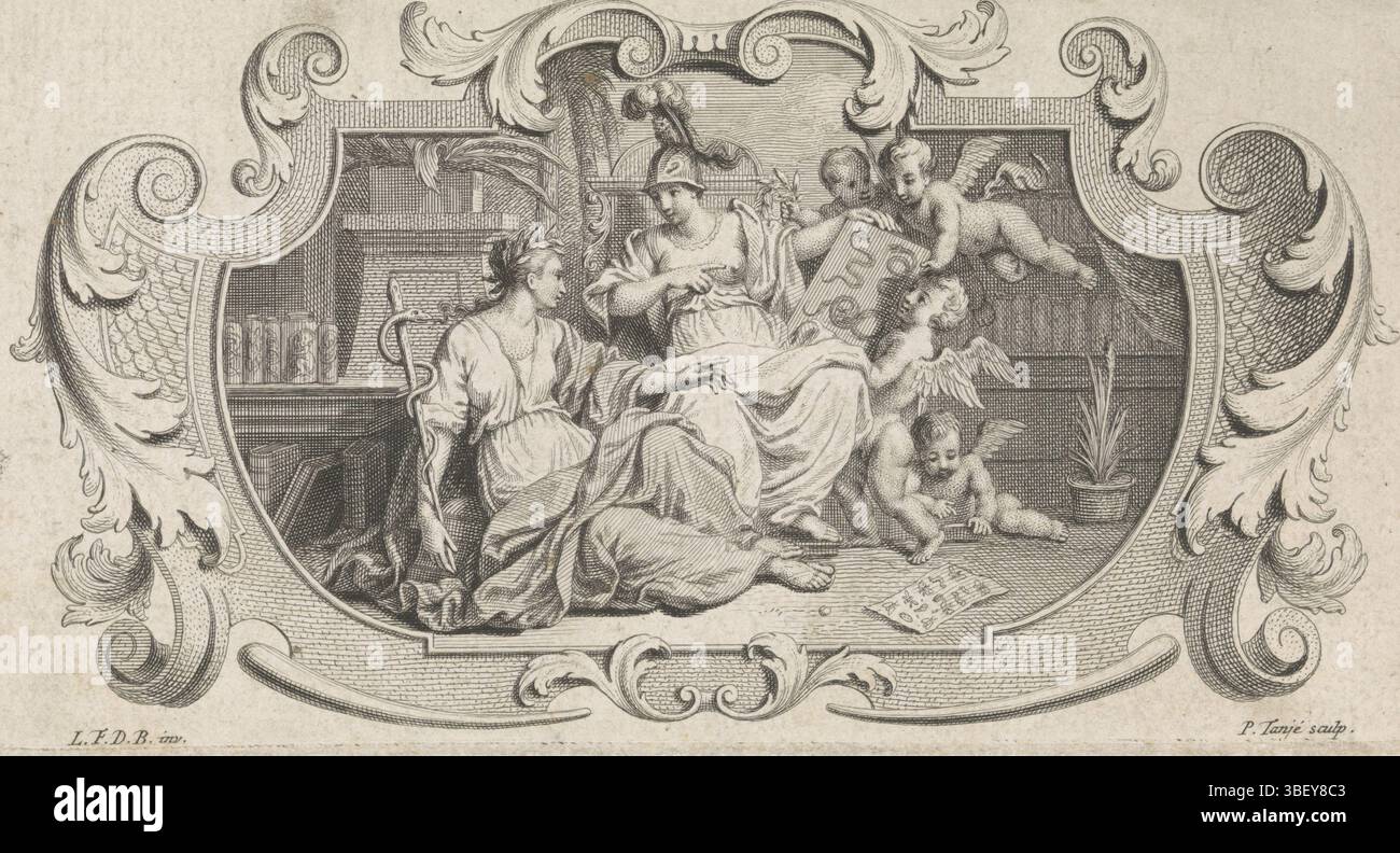 Dubourg, Louis Fabritius, Amsterdam, Tanjé, Pieter, medicina e Minerva, verso-timbrato, personificazione della medicina con un'esculap in mano nella conversazione con la dea della saggezza e della scienza Minerva. Sono circondati da putti e a sinistra sono vasi con preparazioni anatomiche su acqua forte., stampa, altezza 85 mm, larghezza 162 mm, Noord-Nederlands, 1706-02-15 - 1761-06-29, stampatore, 1716 - 1761, carta, incisione, incisione, incisione (processo di stampa), concetto di lavoro, 1693 - 1775-09-16 Foto Stock