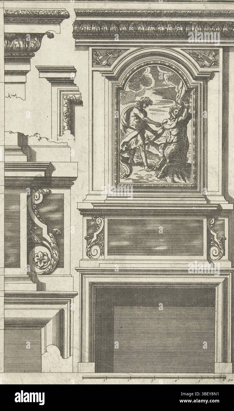 Luigi XIV (re di Francia), Luigi XIII (re di Francia), Parigi, Poilly, Francesco de (i), Nouvelles cheminées à paneaux de glace exécuté dans quelques hôtels à Paris, Underboezem con dipinti di Apollo e Marsyas, e la sinistra sono raffigurati in vari dettagli. A partire da una serie di foglie e 5 fogli, seconda edizione., stampa, stampe ornamentali, stampe, altezza 264 mm, larghezza 166 mm, Frans, 1623 - 1693-04-01, stampatore, 1632 - 1693, secondo quarto del XVII secolo, terzo quarto del XVII secolo, quarto del XVII secolo, carta, incisione, concezione del lavoro, francese, secondo la progettazione, pubblicazione (evento), Foto Stock