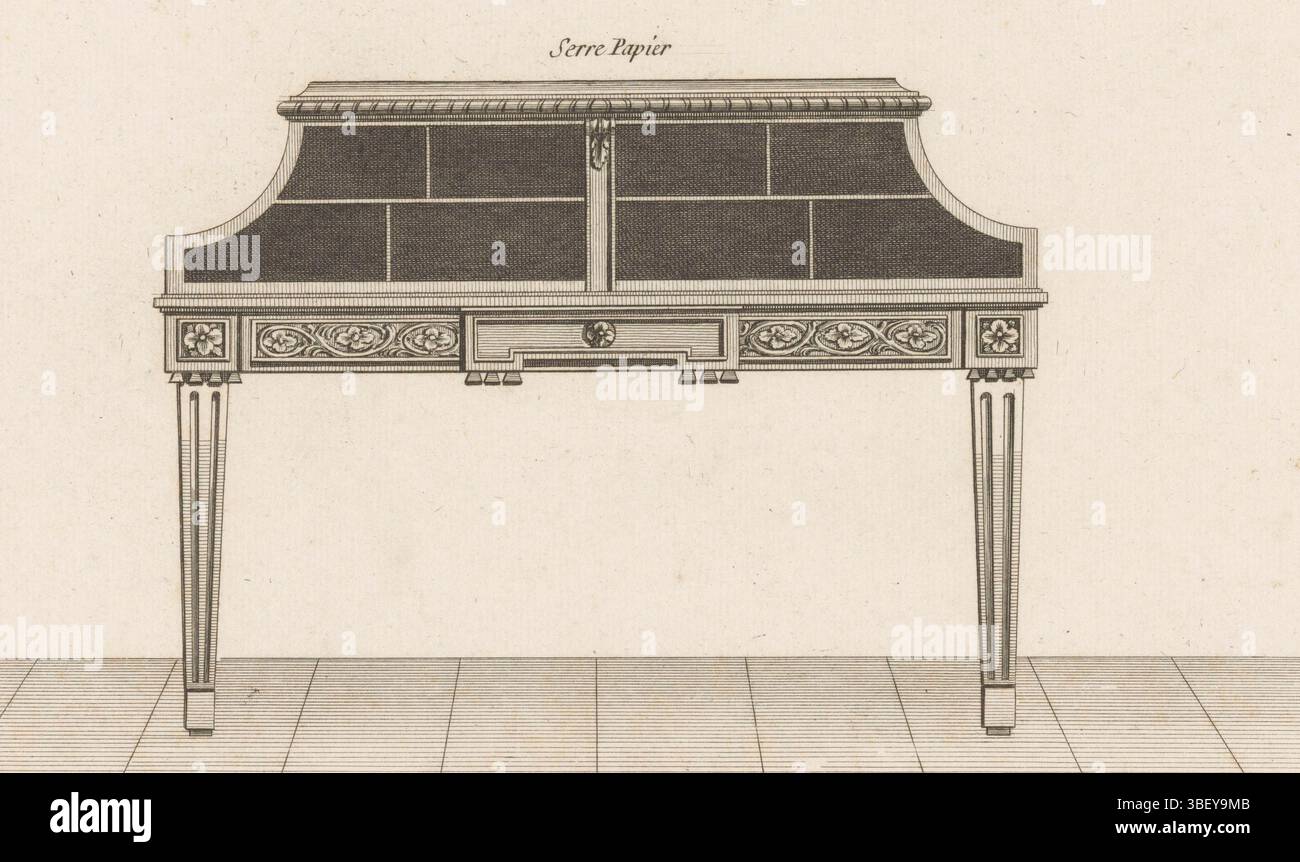 Parigi, le Père & Pierre-Michel Avaulez, Charles, Boucher, Juste Nathan Francois, Dupin, Nicolas, 18th Cahier, Secretaires en castes, Serre Papier, Parigi, verso - stampato, un armadietto decorato con banchi per conservare la carta. Numero di stampa 105., stampa, stampe ornamentali, stampe, altezza 200 mm, larghezza 330 mm, francese, 1753, macchina per stampa, 1772 - 1779, carta, incisione, incisione, incisione (processo di stampa), 1736 - 1782-01, disegnatore intermedio, per disegno, pubblicazione (evento), pubblicazione, editore Foto Stock