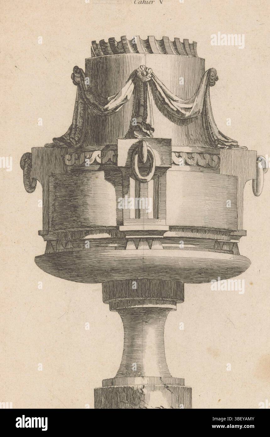 Baquoy, C., Parigi, Chéreau, Jacques-Francois, Delafosse, Jean Charles, sconosciuto, IIe volume De l'oeuvre de J. CH. Delafosse, V Vases antiquariato. Cahier V, vaso con drappeggi, stampato verso, vaso ornato con drappeggi e anelli, stampa, stampe ornamentali, stampe, altezza 253 mm, larghezza 163 mm, macchina di stampa, 1771 - 1771, carta, incisione, incisione, incisione (processo di stampa), ideazione del lavoro, francese, 1734 - 1791-10-11, secondo design, Publication (Event), Publication, 1742-10-14 - 1794-05-16, editore, pubblicazione, pubblicazione (evento), editore Foto Stock