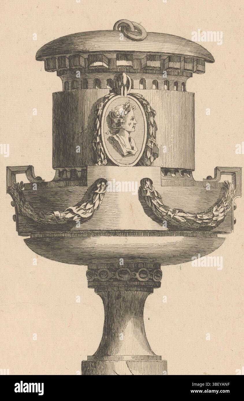Baquoy, C., Parigi, Chéreau, Jacques-Francois, Delafosse, Jean Charles, sconosciuto, IIe volume De l'oeuvre de J. CH. Delafosse, V Vases antiquariato. Cahier V, vaso con medaglione, timbrato verso, vaso ornato con medaglione ovale con ritratto e profilo femminile e garlande, stampa, stampe ornamentali, stampe, altezza 254 mm, larghezza 163 mm, macchina di stampa, 1771 - 1771, carta, incisione, incisione, incisione (processo di stampa), ideazione del lavoro, francese, 1734 - 1791-10-11, secondo design, Publication (Event), Publication, 1742-10-14 - 1794-05-16, editore Foto Stock
