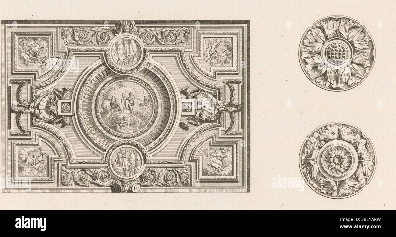 Parigi, Chéreau, Jacques-Francois, Delafosse, Jean Charles, Berthault, III volume De l'oeuvre de J. CH. Delafosse, 36e Cahier de l'oeuvre Cahier de Plafonds MM, Cheminées, Chapiteaux, Rosaces &c, soffitto e rosette, Parigi, verso - stampato, ha lasciato un soffitto rettangolare ornato con putti, motivi conchiglie e tre medaglioni rotondi con figure. Destra due rosette., stampa, stampe ornamentali, stampe, altezza 223 mm, larghezza 369 mm, macchina di stampa, 1771 - 1771, carta, incisione, incisione, incisione (processo di stampa), ideazione del lavoro, francese, 1734 - 1791-10-11, dopo la progettazione, pubblicazione (evento), pubblicazione Foto Stock