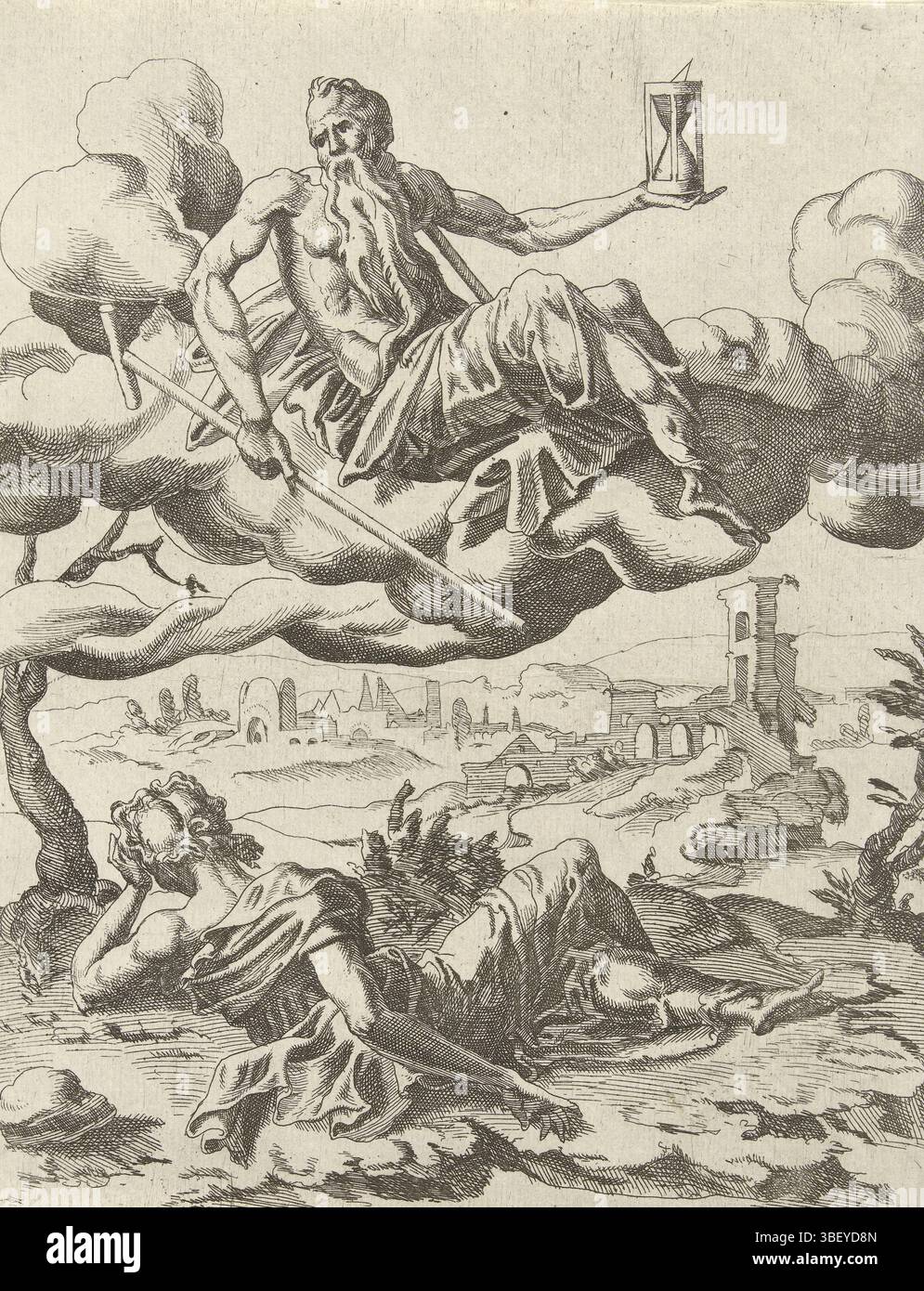 Heemskerck, Maarten van, Haarlem, Coornhert, Dirck Volckertsz. trionfi di Petrarca, il tempo conquista la fama, verso nel mezzo - timbrato, nelle nuvole la personificazione del tempo. Sotto di lui a terra c'è Fame sconfitto dalla sua parte. Il tempo è più forte della fama. La stampa fa parte di una serie di sei parti sui trionfi di Petrarca., stampa, verso il basso centrale - stampato, altezza 226 mm, larghezza 176 mm, Noord-Nederlands, 1522 - 1590-10-29, macchina per stampa, 1532 - 1590, carta, incisione, incisione, concetto di lavoro, 1498 - 1574 Foto Stock